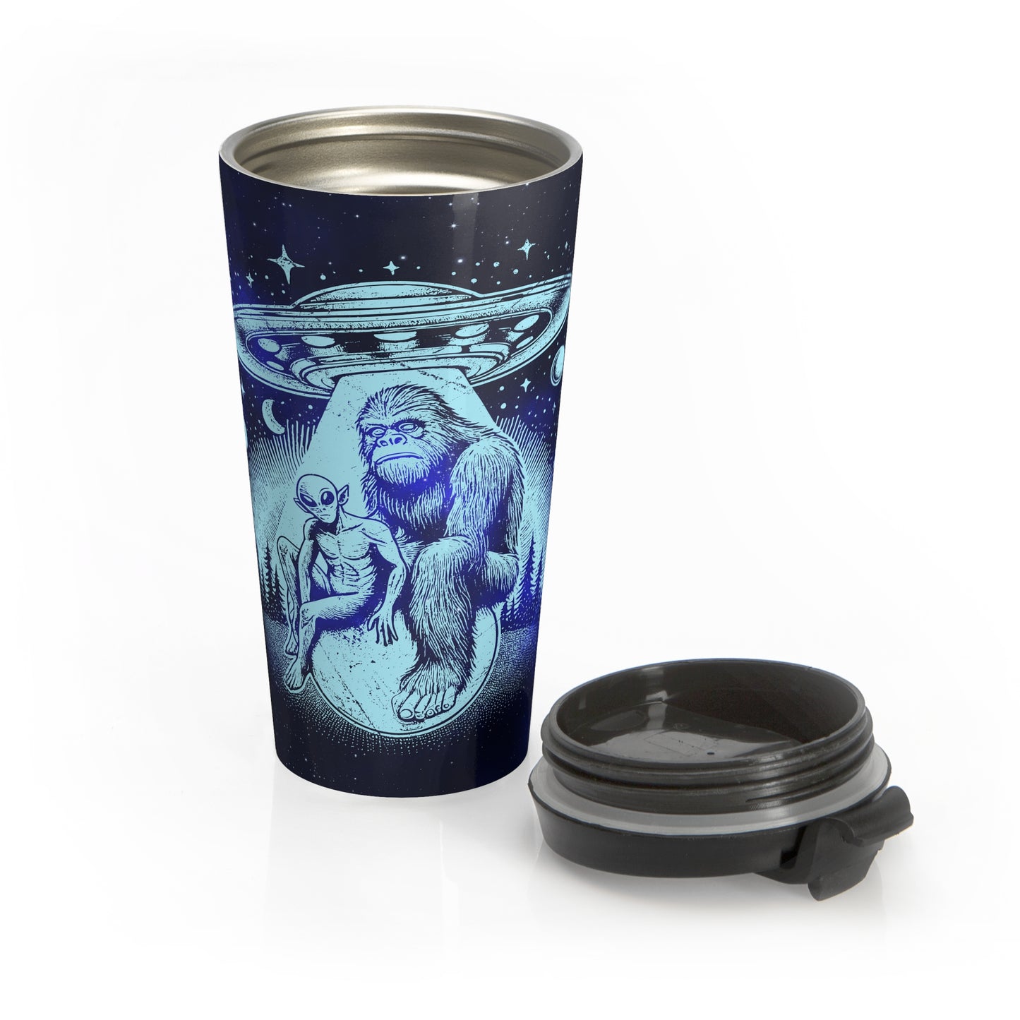 Alien and Bigfoot UFO Stainless Steel Travel Mug – 15oz