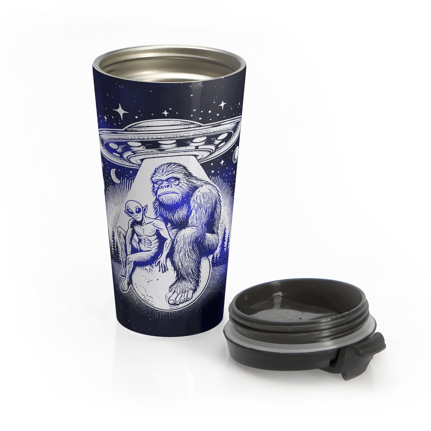 Alien and Bigfoot UFO Stainless Steel Travel Mug – 15oz