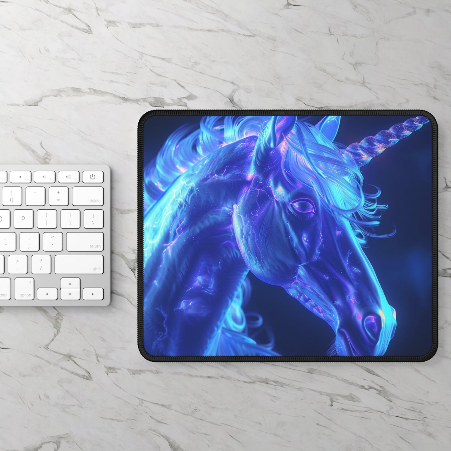Electric Unicorn Mouse Pad – 9x7 Neoprene Desk Mat with Blue Neon Fantasy Design