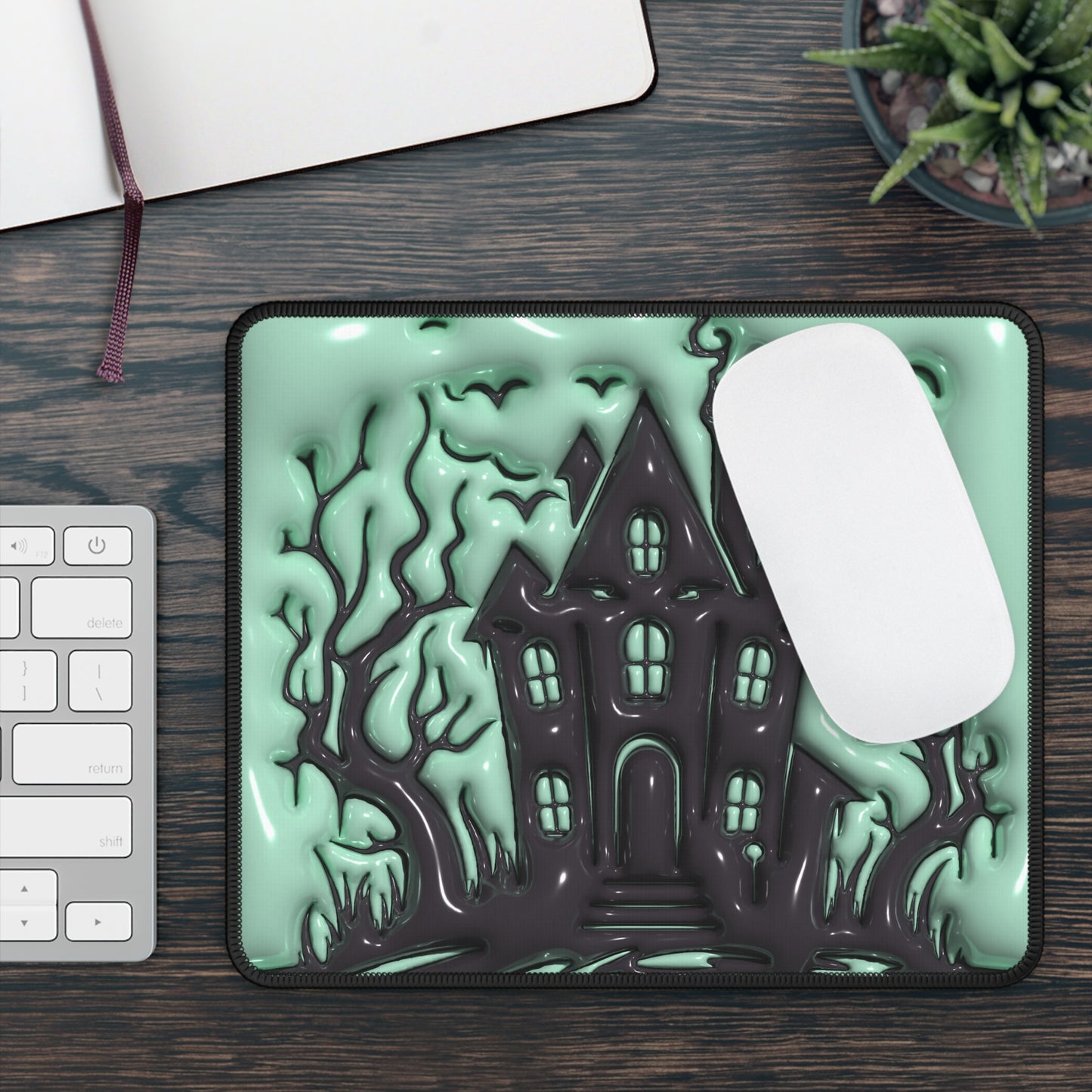 Haunted House Mouse Pad – 9x7 Neoprene Desk Mat with Spooky Mansion and Mint Green Design
