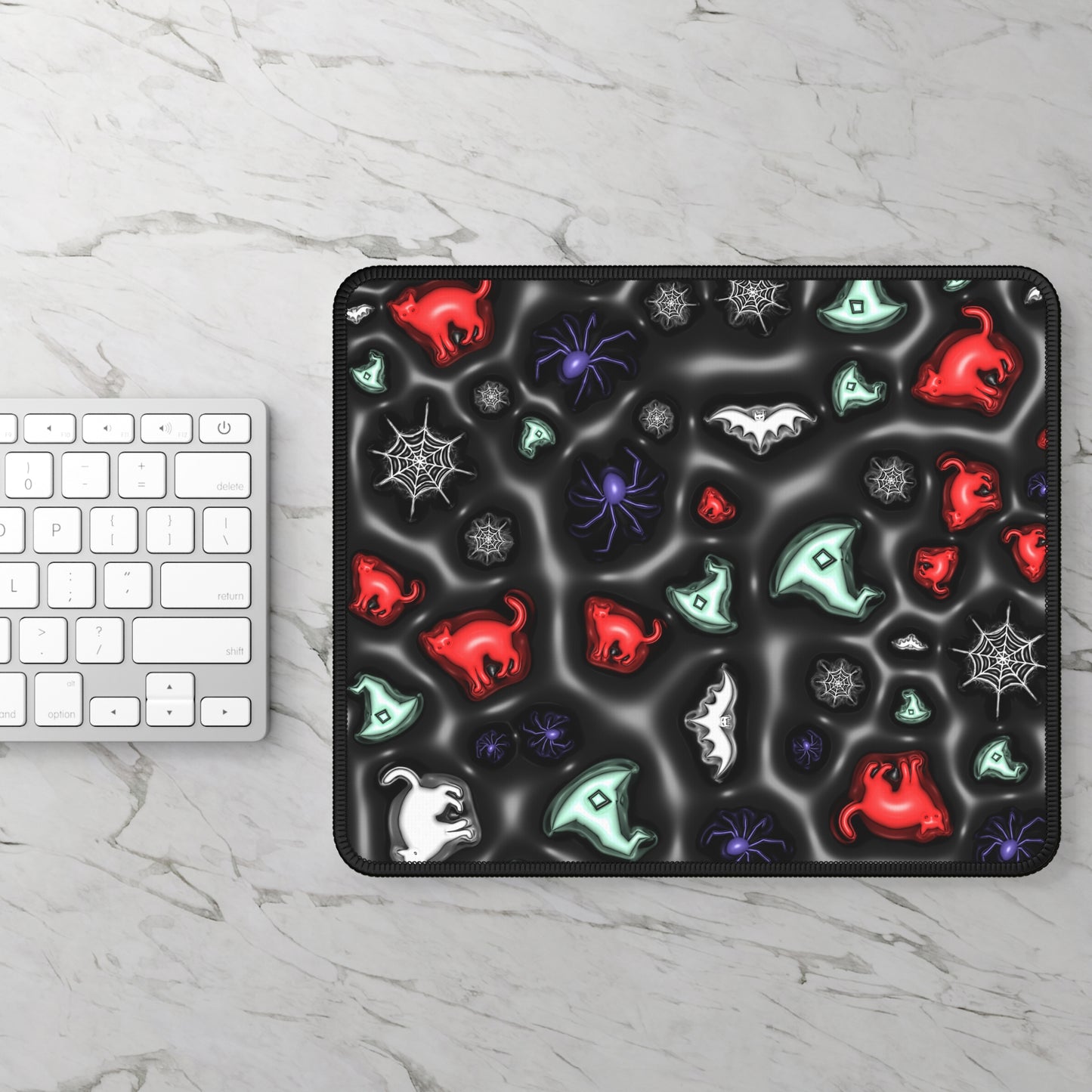 Witchy Cat Chaos Mouse Pad – 9x7 Neoprene Desk Mat with Spiders, Bats, and Halloween Magic