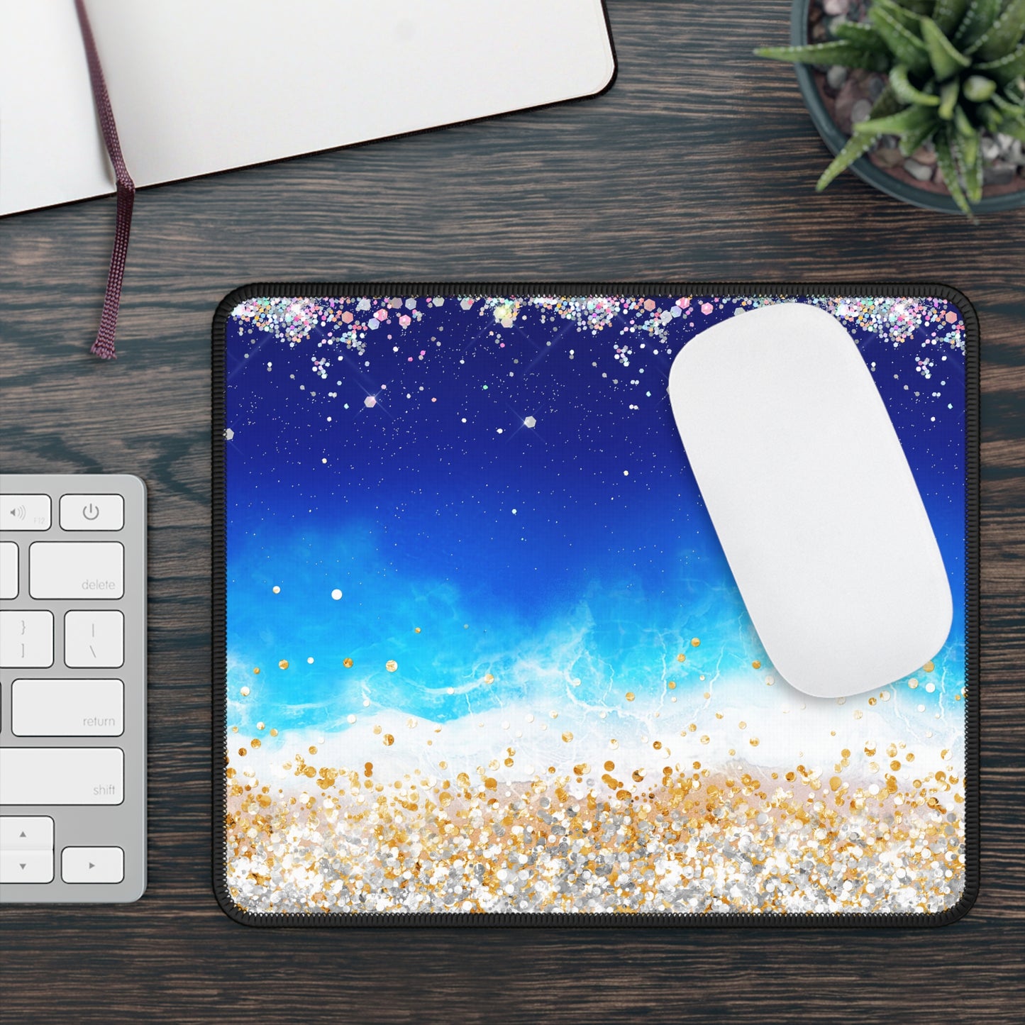 Ocean Glitter Dreams Mouse Pad – 9x7 Neoprene Desk Mat with Sparkling Beach and Wave Design