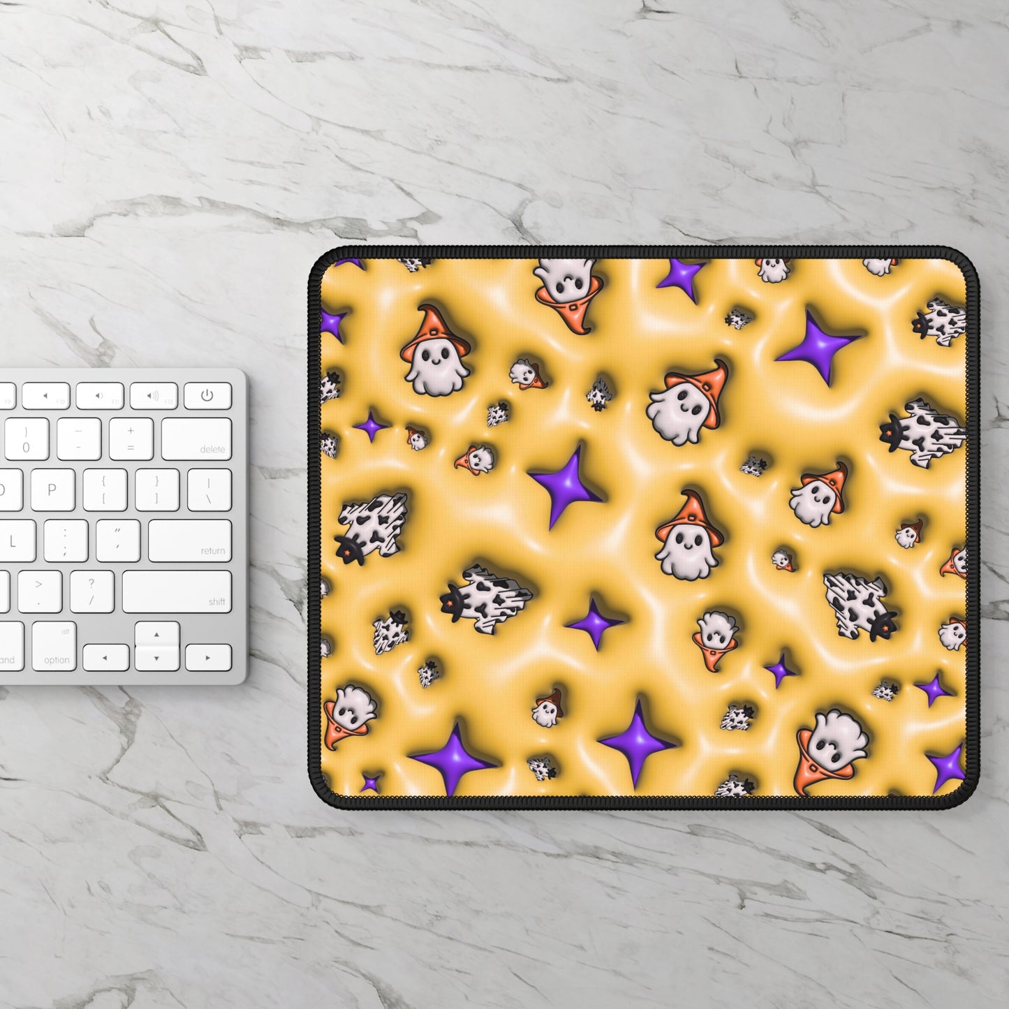 Spooky Ghost Party Mouse Pad – 9x7 Neoprene Desk Mat with Cute Ghosts and Halloween Stars