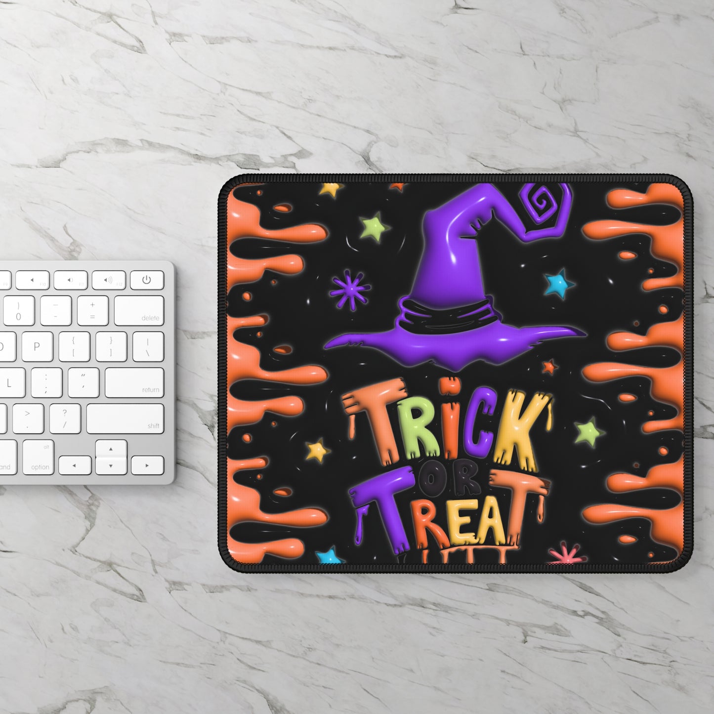 Trick or Treat Mouse Pad – 9x7 Neoprene Desk Mat with Witch Hat and Halloween Drip Design