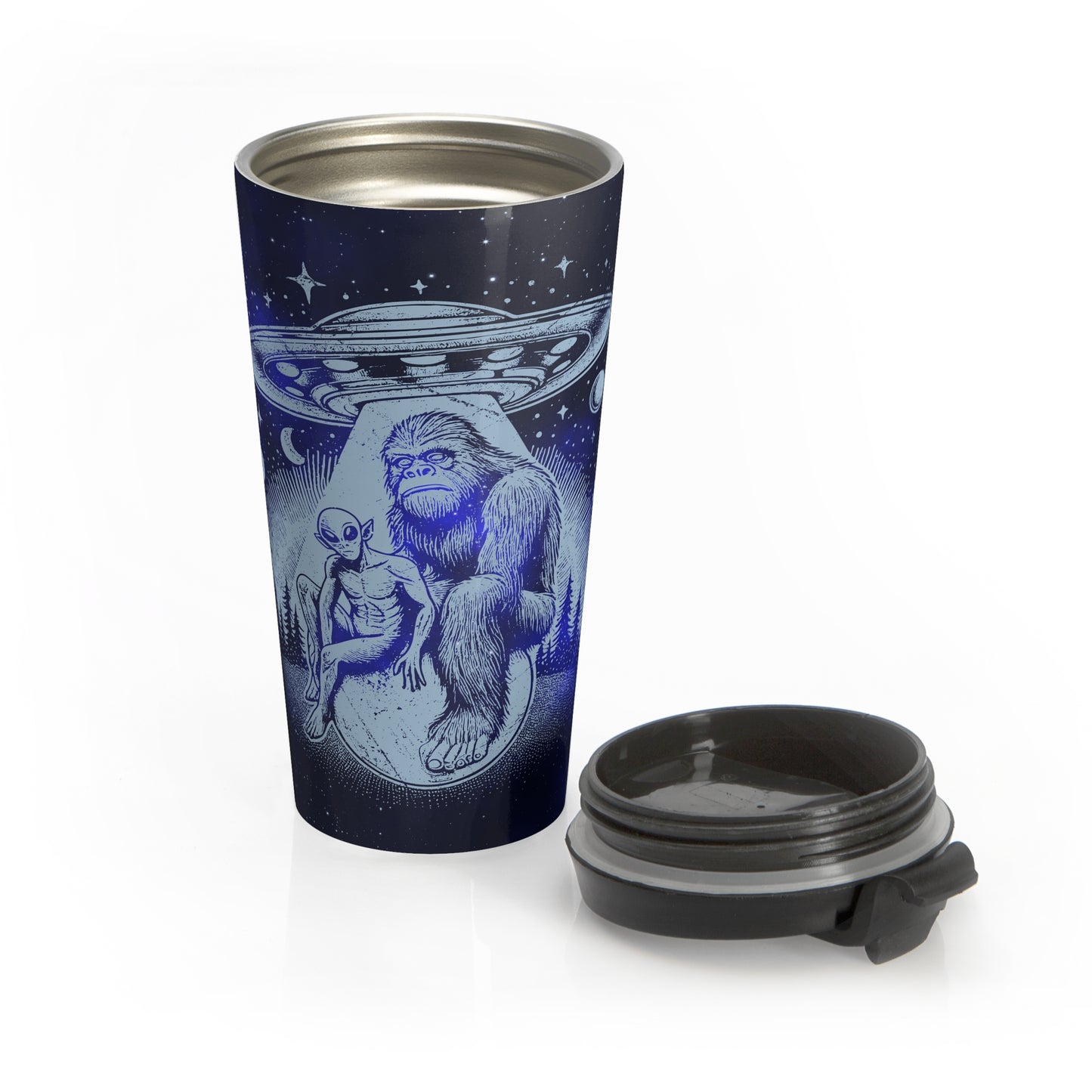 Alien and Bigfoot UFO Stainless Steel Travel Mug – 15oz