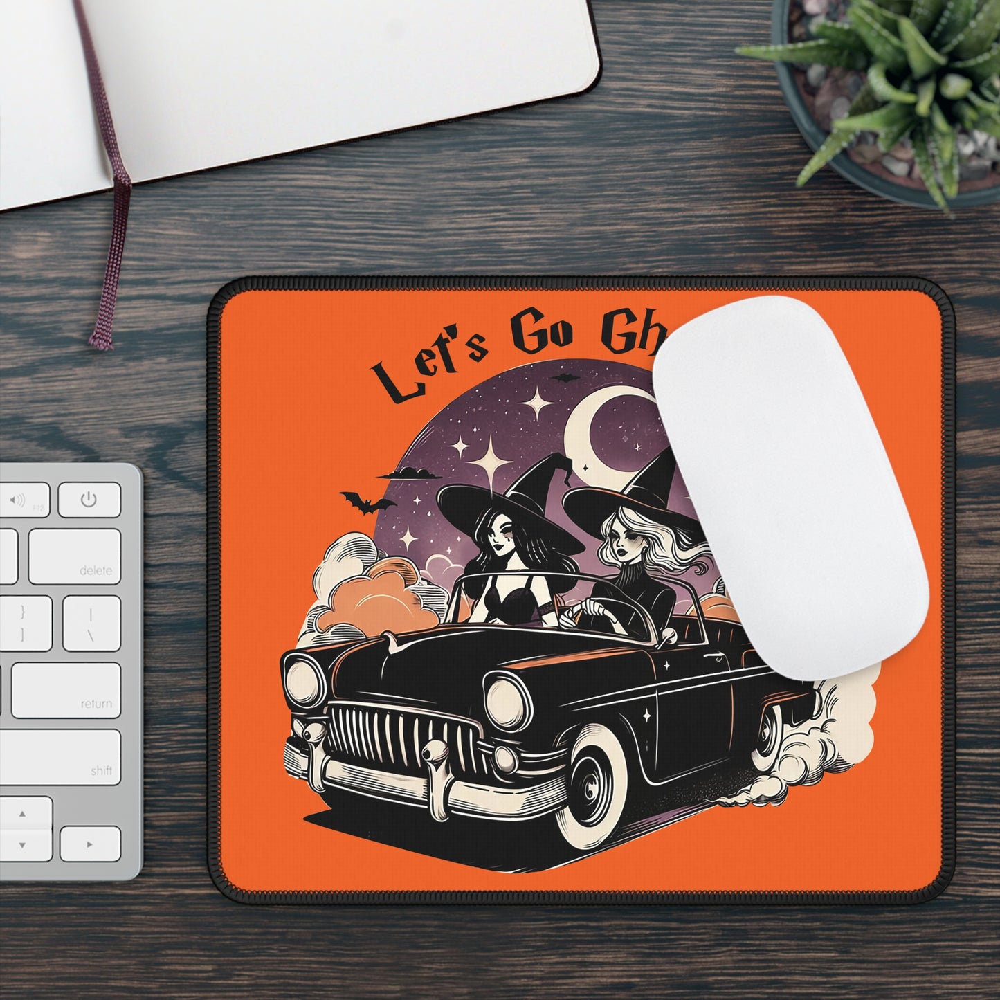 Let’s Go Ghouls Mouse Pad – 9x7 Neoprene Desk Mat with Retro Witch Car Design
