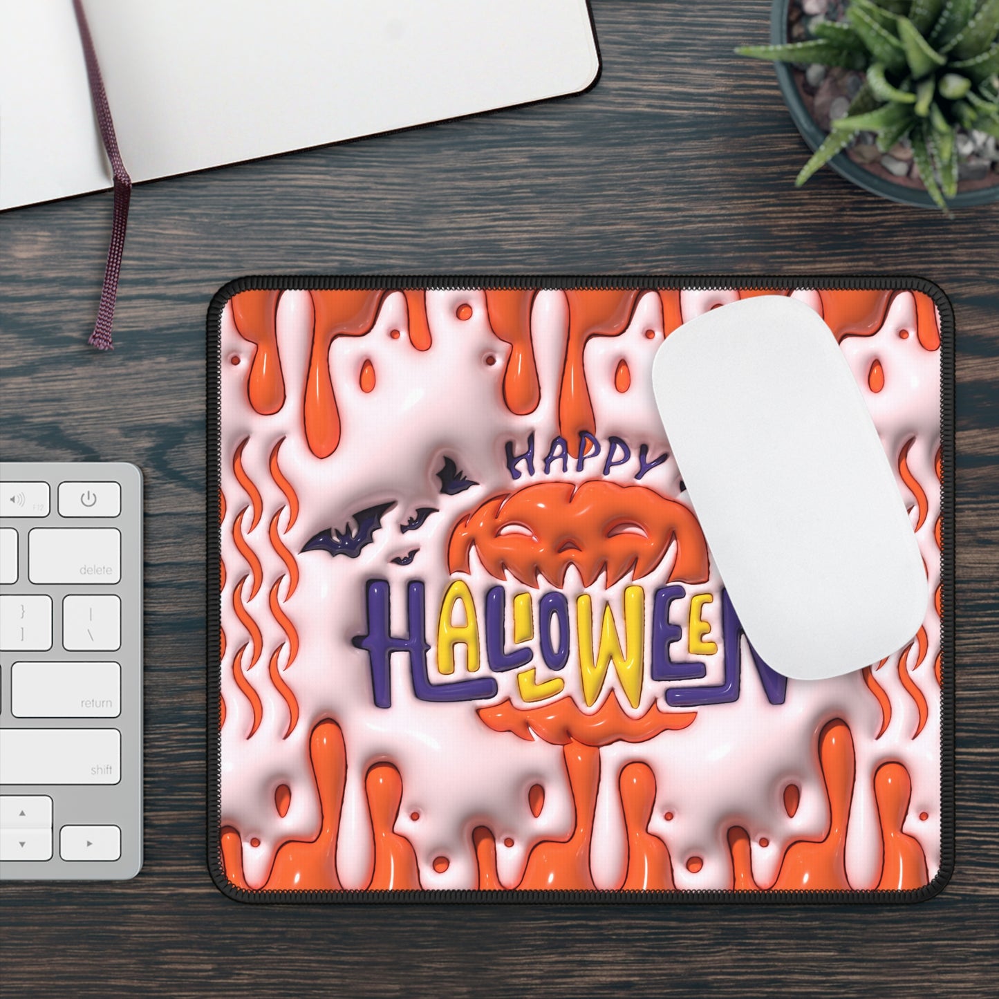 Happy Halloween Mouse Pad – 9x7 Neoprene Desk Mat with Pumpkin and Dripping Orange Design