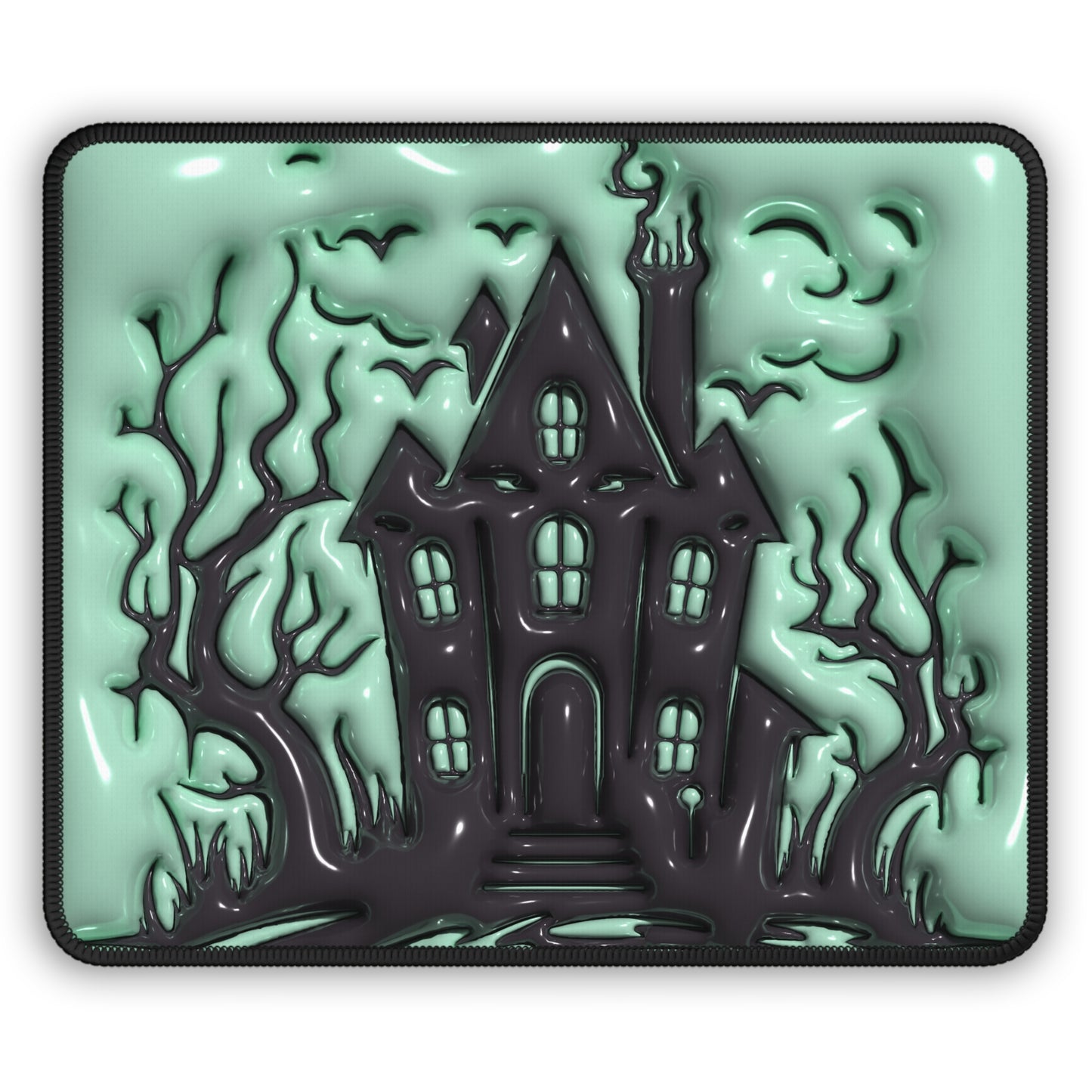 Haunted House Mouse Pad – 9x7 Neoprene Desk Mat with Spooky Mansion and Mint Green Design