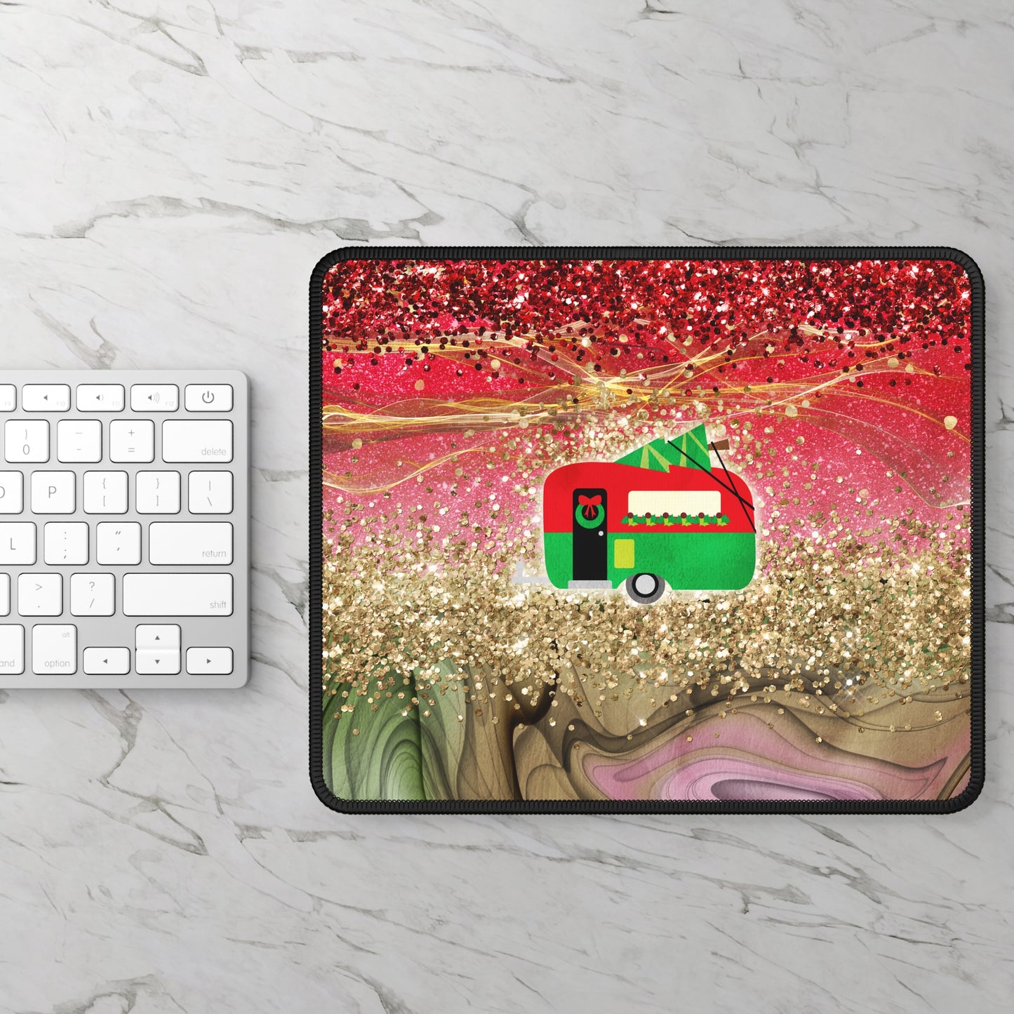 Holiday Camper Mouse Pad – 9x7 Neoprene Desk Mat with Red and Gold Glitter Design