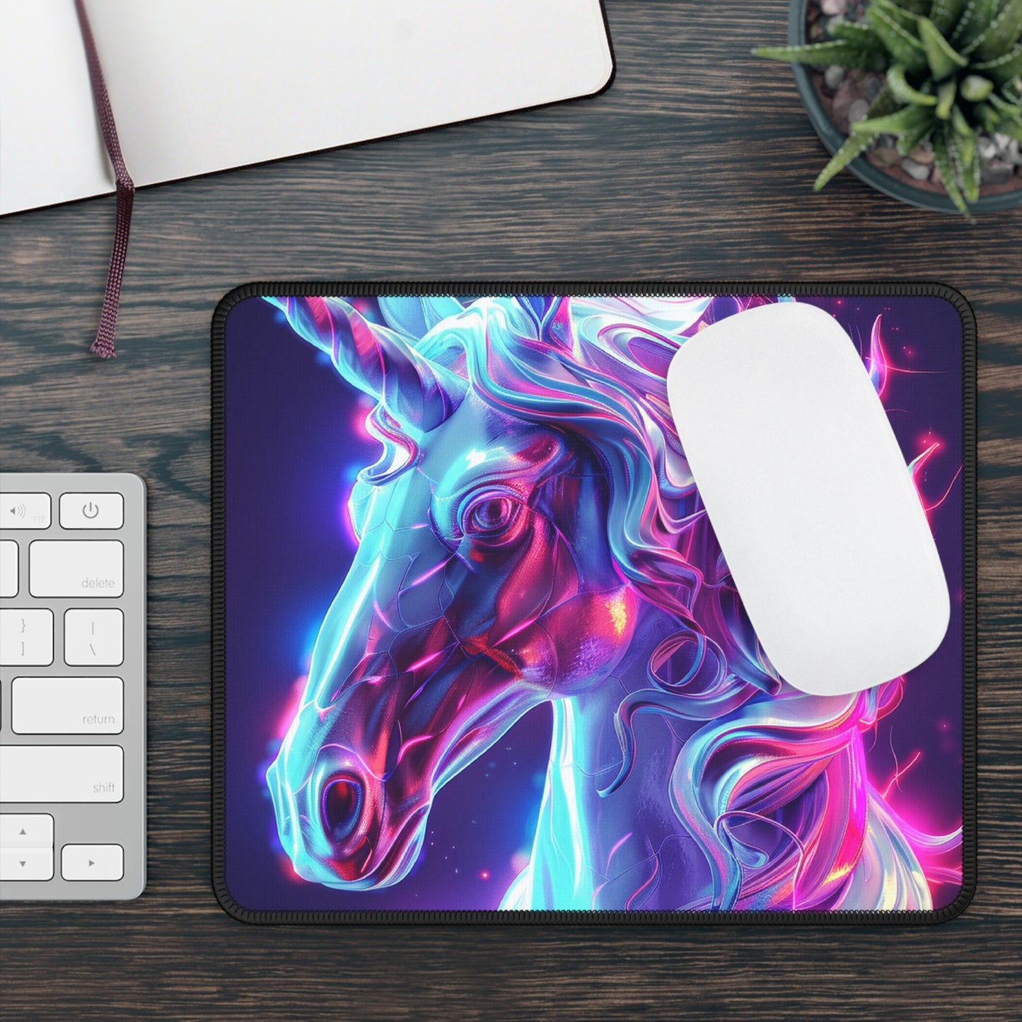Cyber Unicorn Mouse Pad – 9x7 Neoprene Desk Mat with Neon Holographic Glow