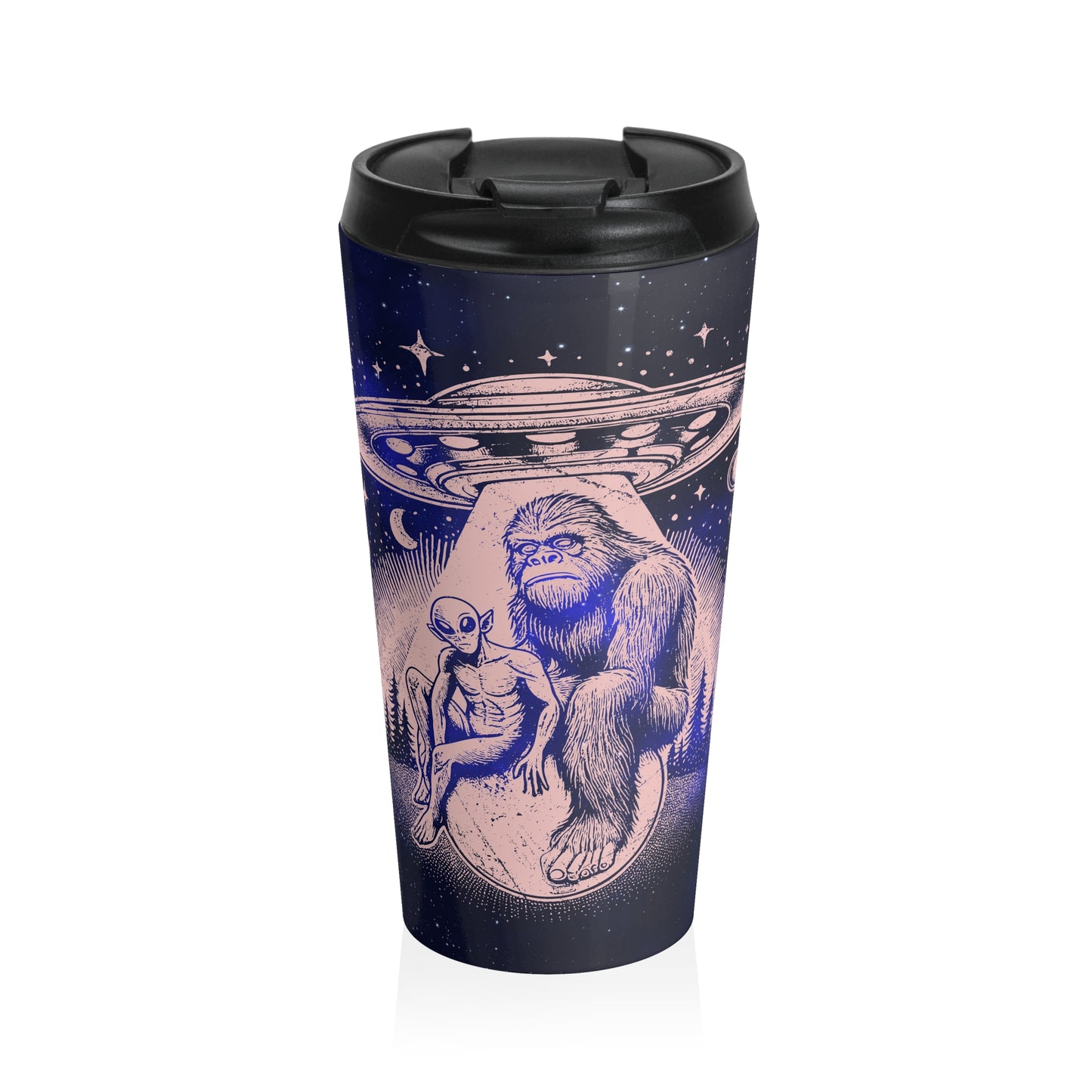 Alien and Bigfoot UFO Stainless Steel Travel Mug – 15oz