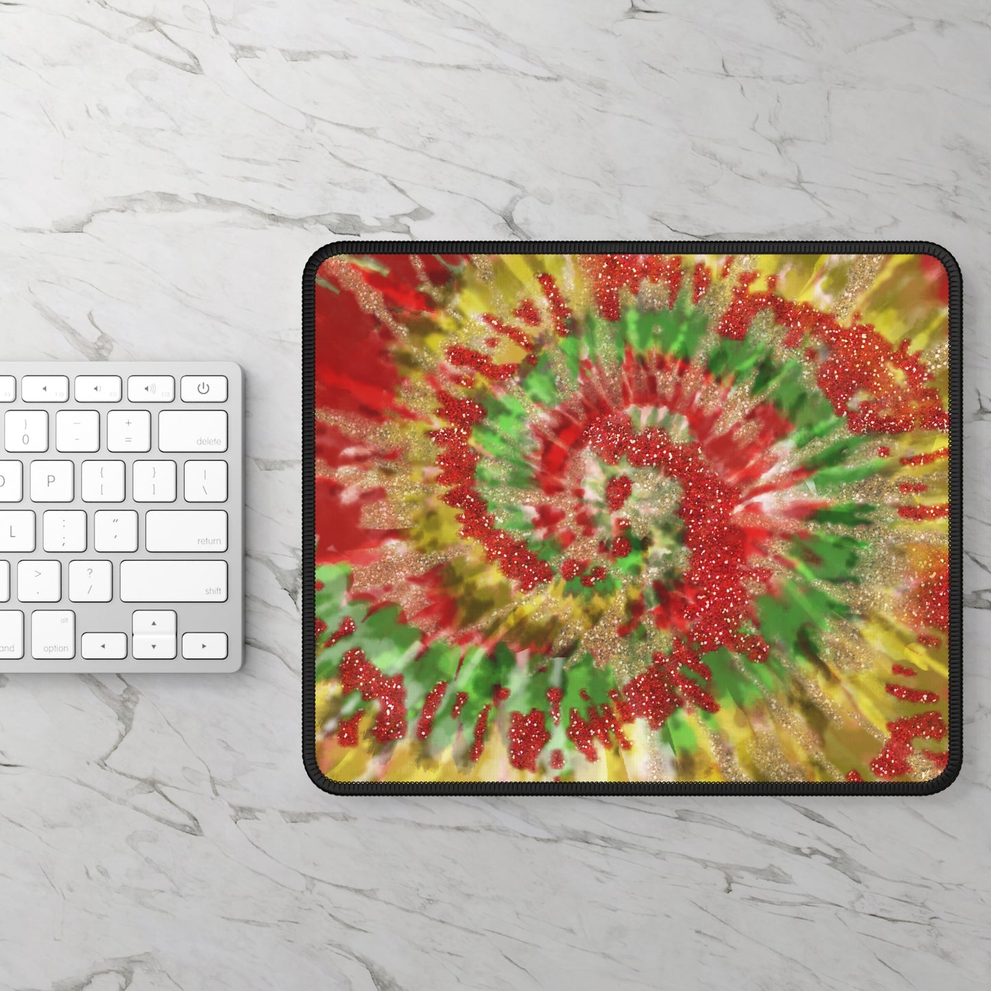 Golden Christmas Tie-Dye Mouse Pad – 9x7 Neoprene Desk Mat with Red, Green, and Gold Spiral Design