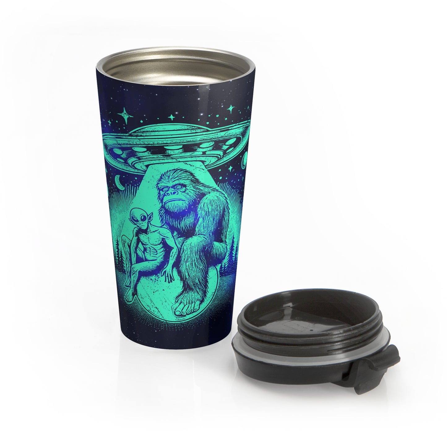 Alien and Bigfoot UFO Stainless Steel Travel Mug – 15oz
