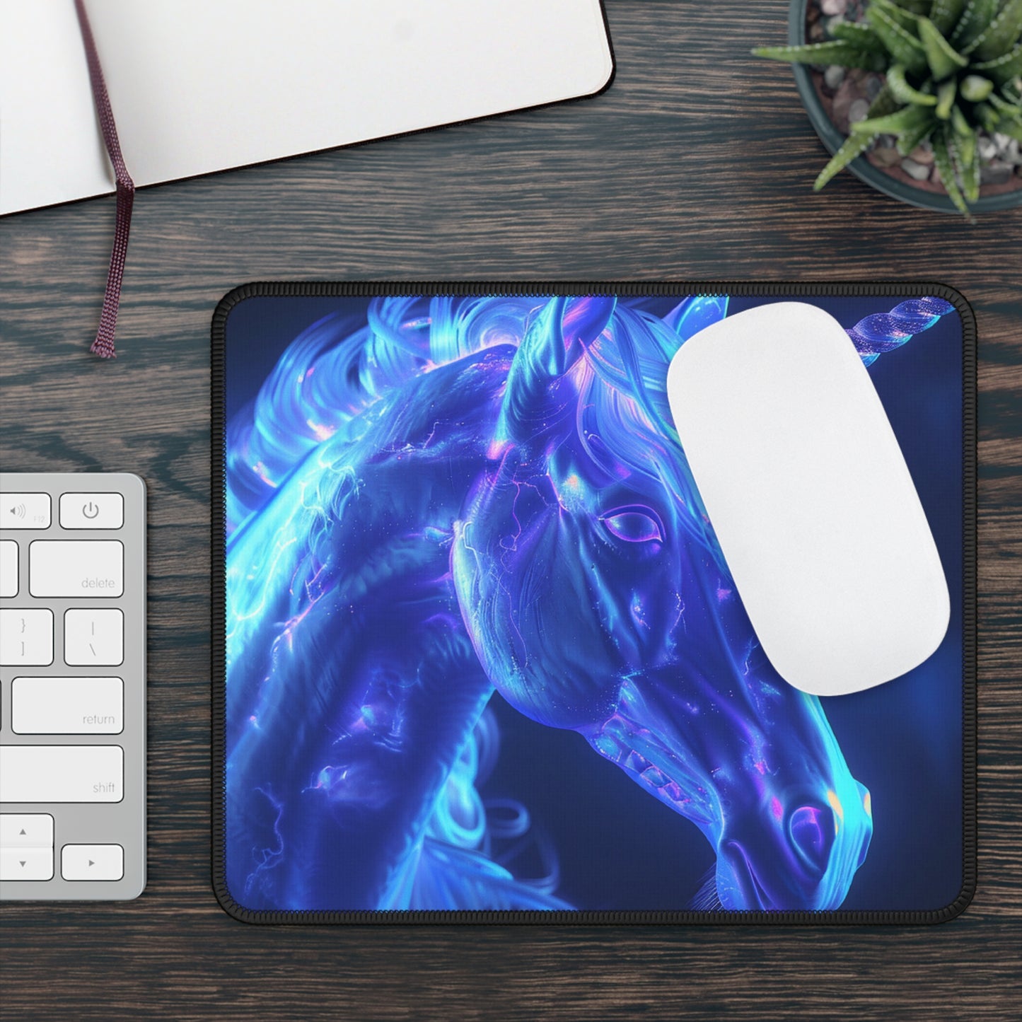 Electric Unicorn Mouse Pad – 9x7 Neoprene Desk Mat with Blue Neon Fantasy Design