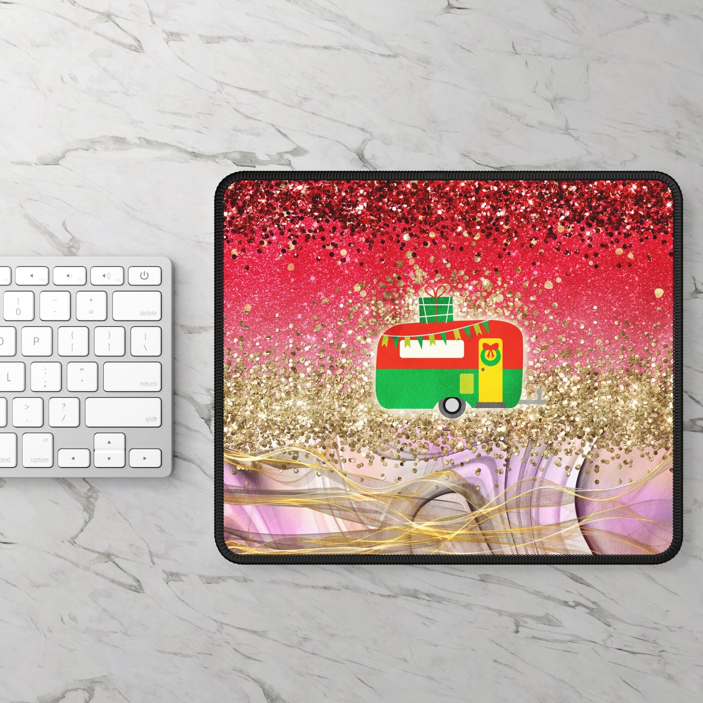 Christmas Camper Mouse Pad – 9x7 Neoprene Desk Mat with Red and Gold Glitter Design