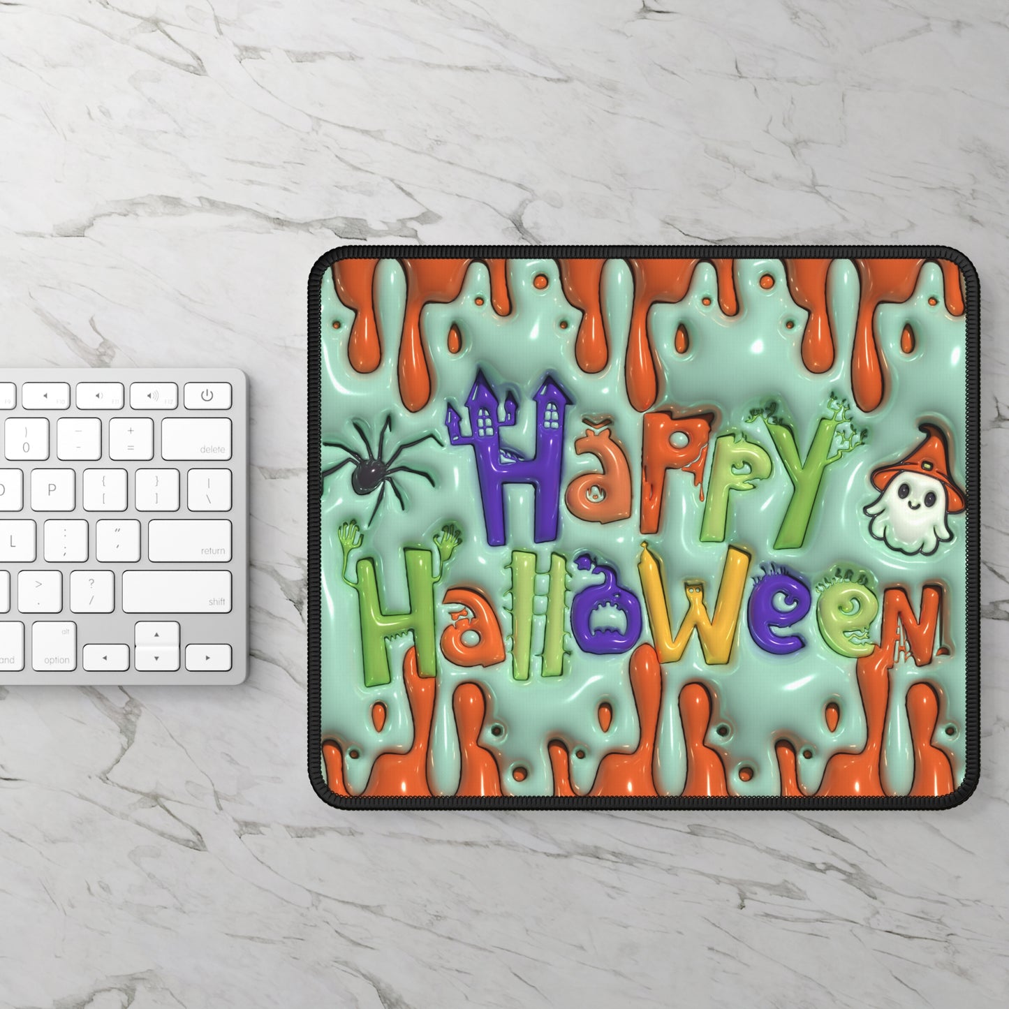 Happy Halloween Mouse Pad – 9x7 Neoprene Desk Mat with Cute Ghost and Colorful Drip Design