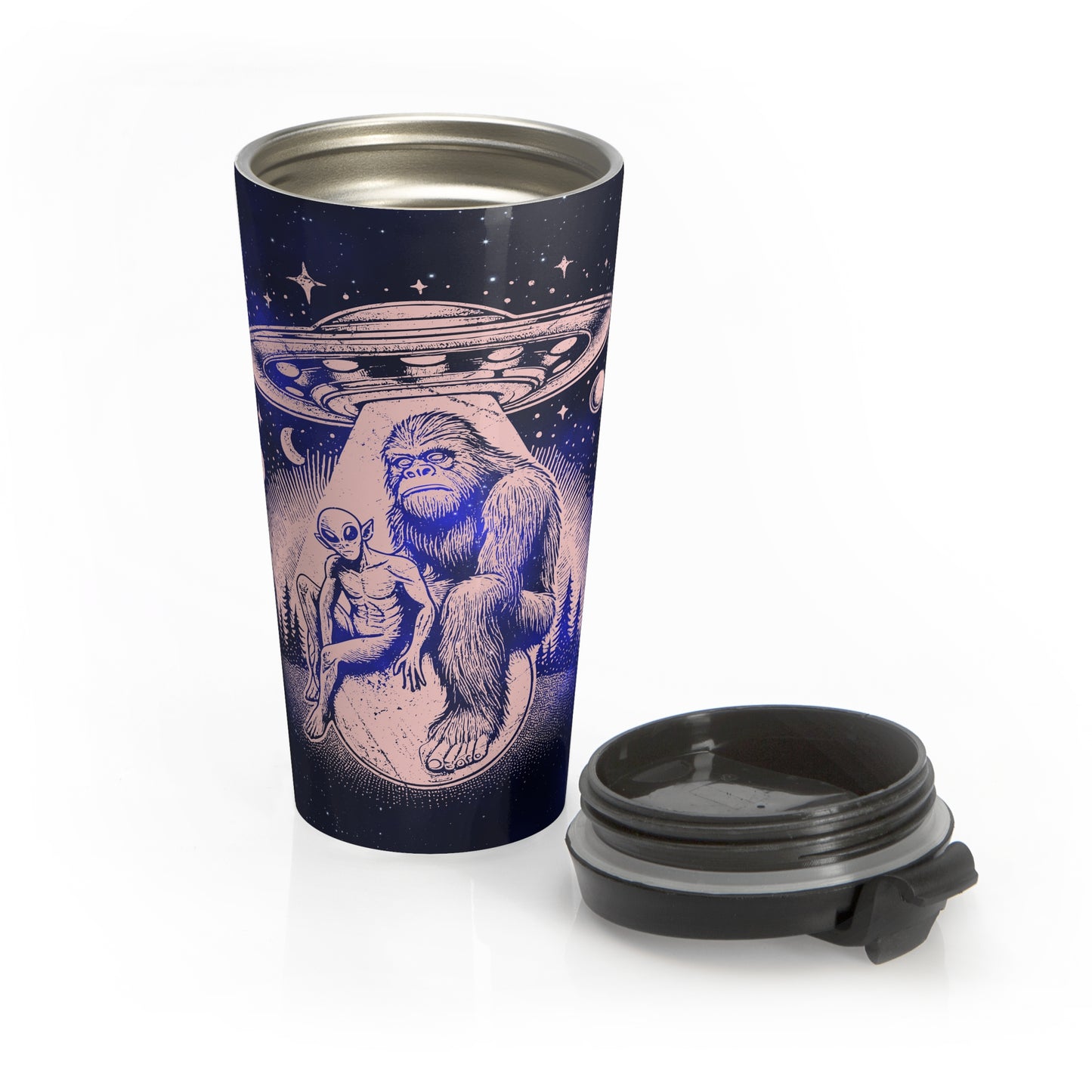 Alien and Bigfoot UFO Stainless Steel Travel Mug – 15oz