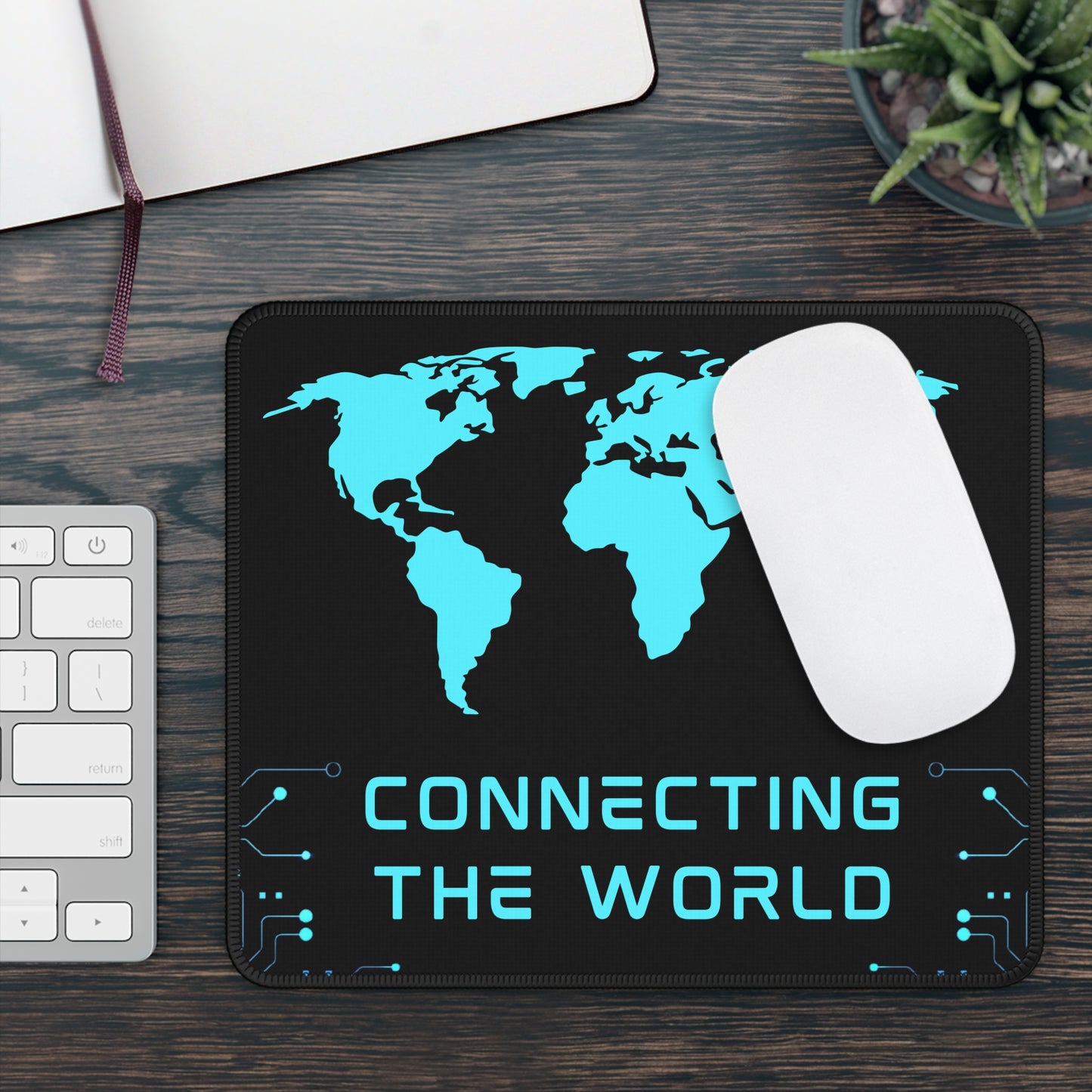 Connecting the World Mouse Pad – 9x7 Neoprene Desk Mat with Futuristic Tech Map Design