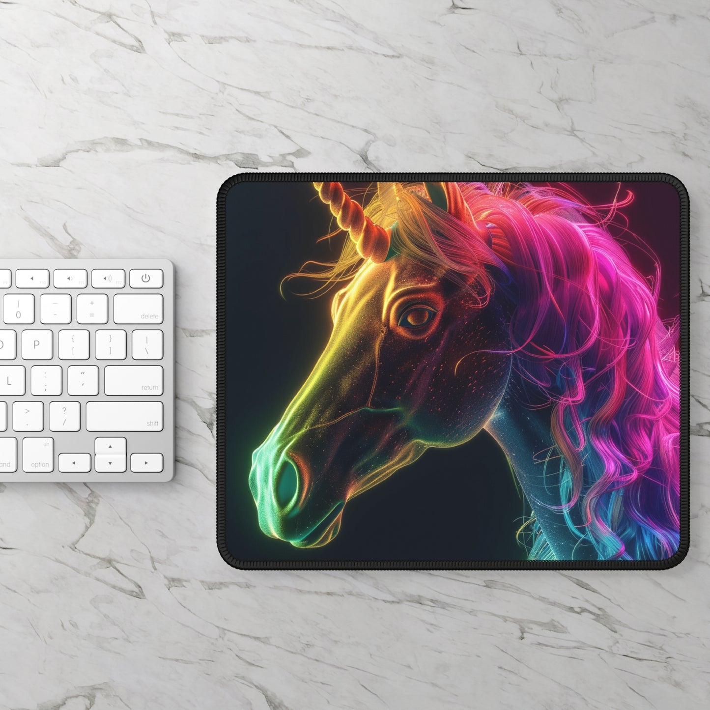 Prismatic Unicorn Mouse Pad – 9x7 Neoprene Desk Mat with Radiant Neon Rainbow Design