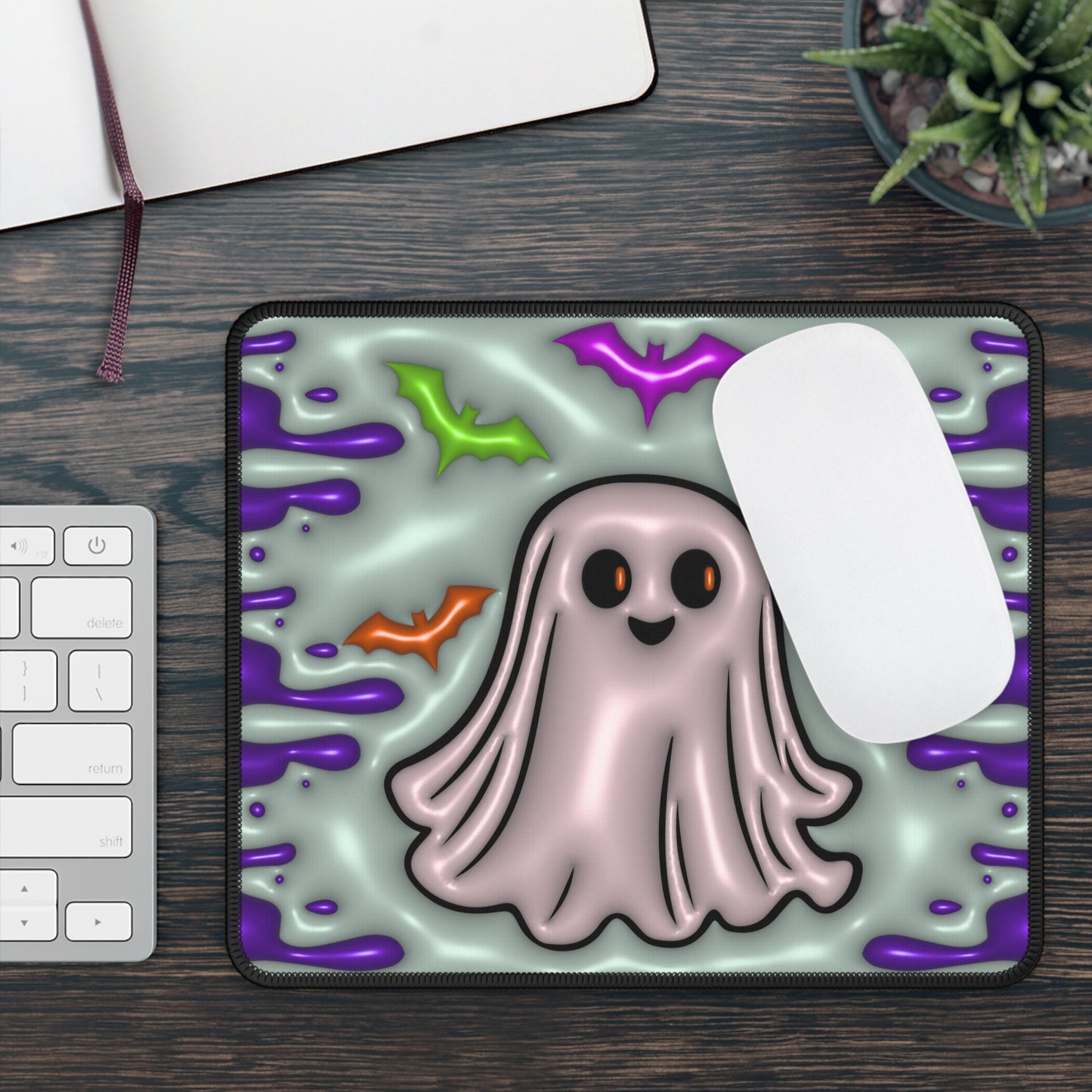 Cute Ghost Mouse Pad – 9x7 Neoprene Desk Mat with Spooky Bats and Pastel Halloween Design
