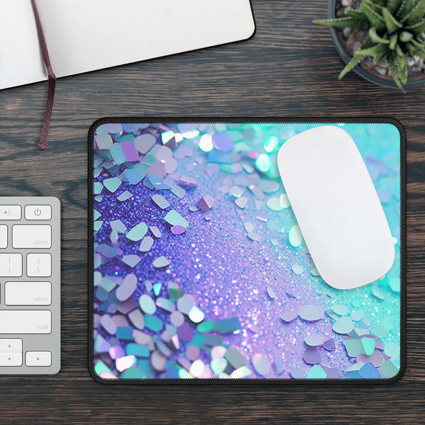 Aqua Prism Mouse Pad – 9x7 Neoprene Desk Mat with Iridescent Glitter and Holographic Sparkle Design