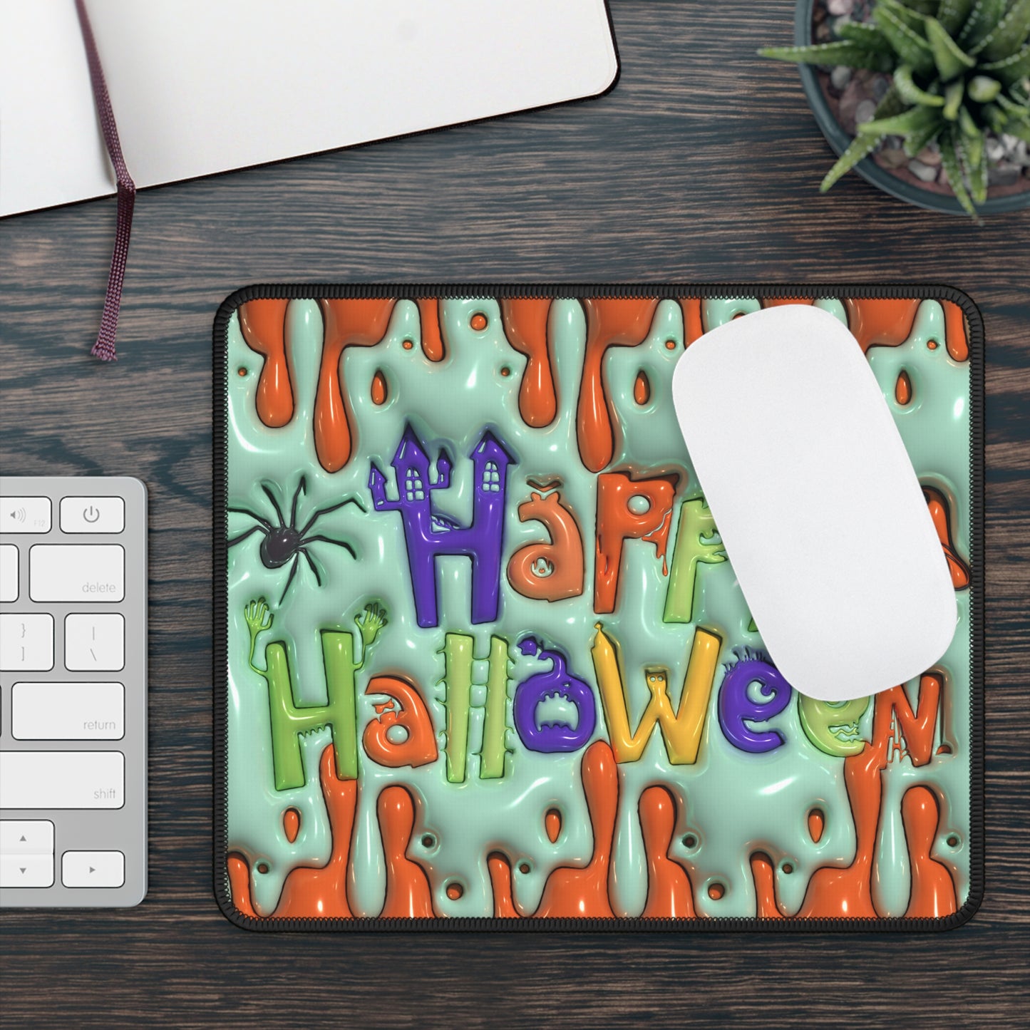 Happy Halloween Mouse Pad – 9x7 Neoprene Desk Mat with Cute Ghost and Colorful Drip Design