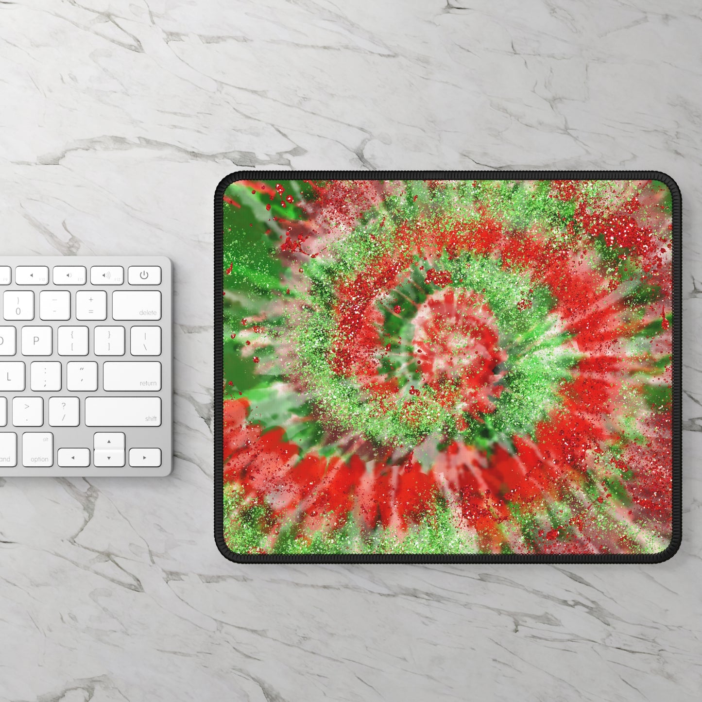 Christmas Tie-Dye Glitter Mouse Pad – 9x7 Neoprene Desk Mat with Red and Green Spiral Design