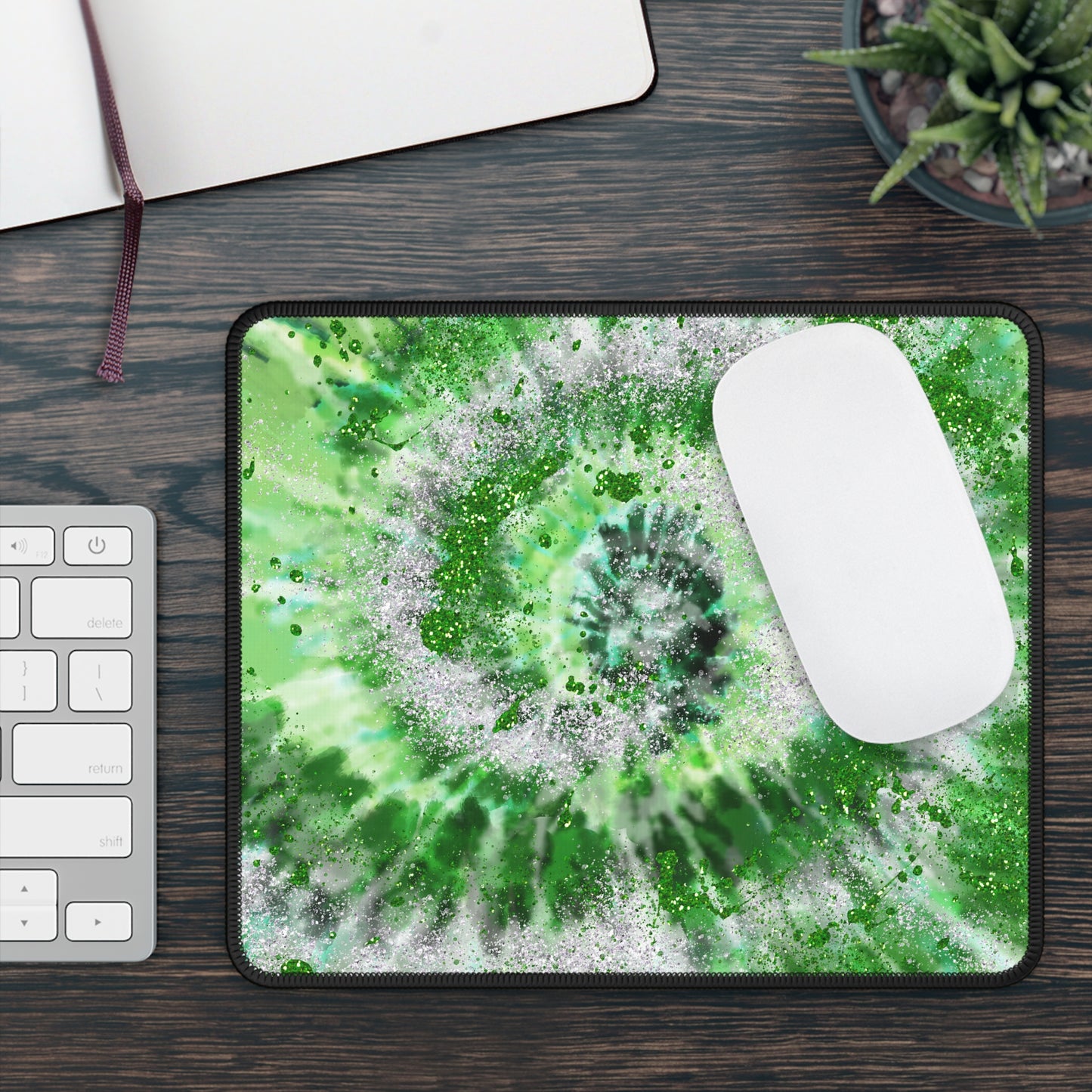 Green Tie-Dye Glitter Mouse Pad – 9x7 Neoprene Desk Mat with Spiral Design