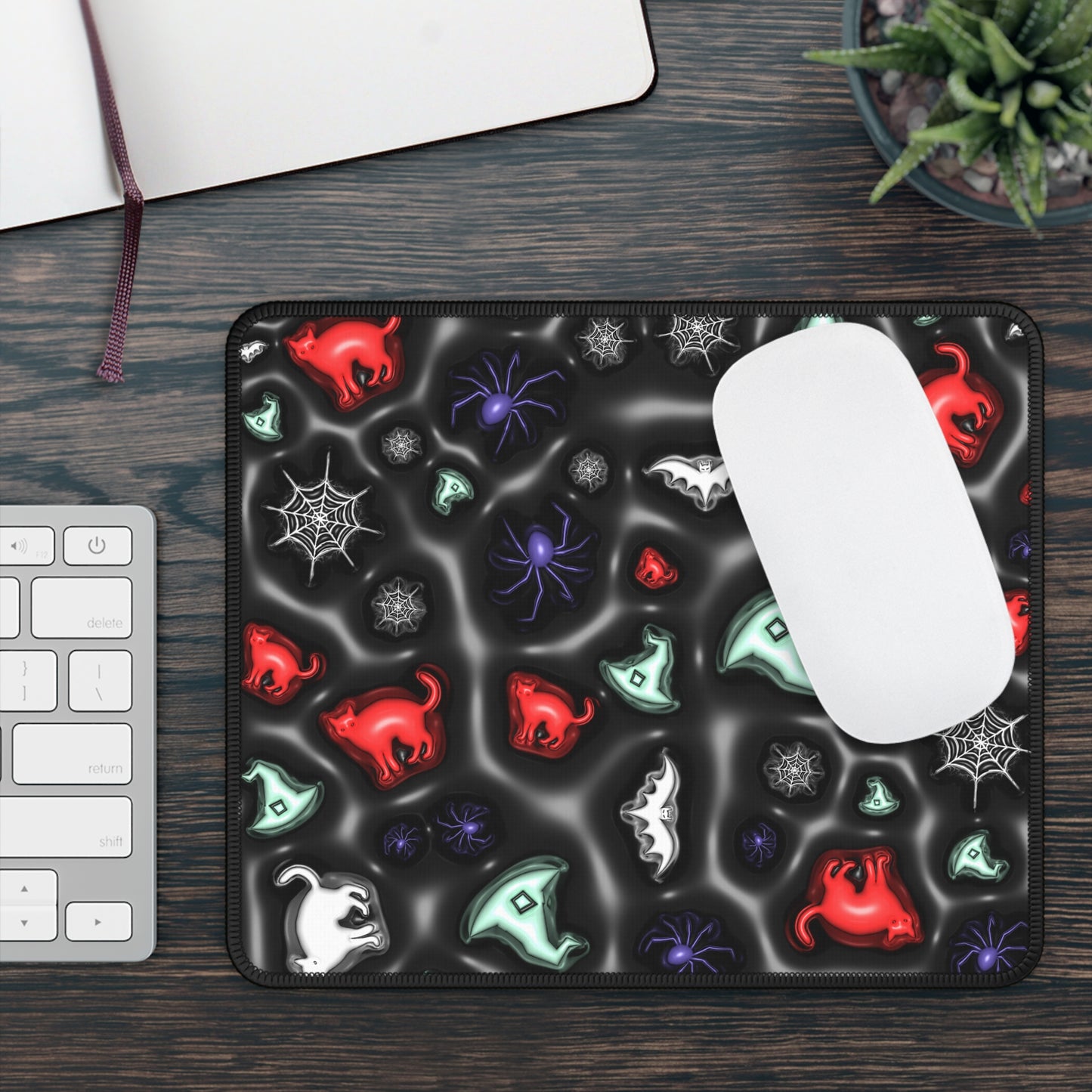 Witchy Cat Chaos Mouse Pad – 9x7 Neoprene Desk Mat with Spiders, Bats, and Halloween Magic