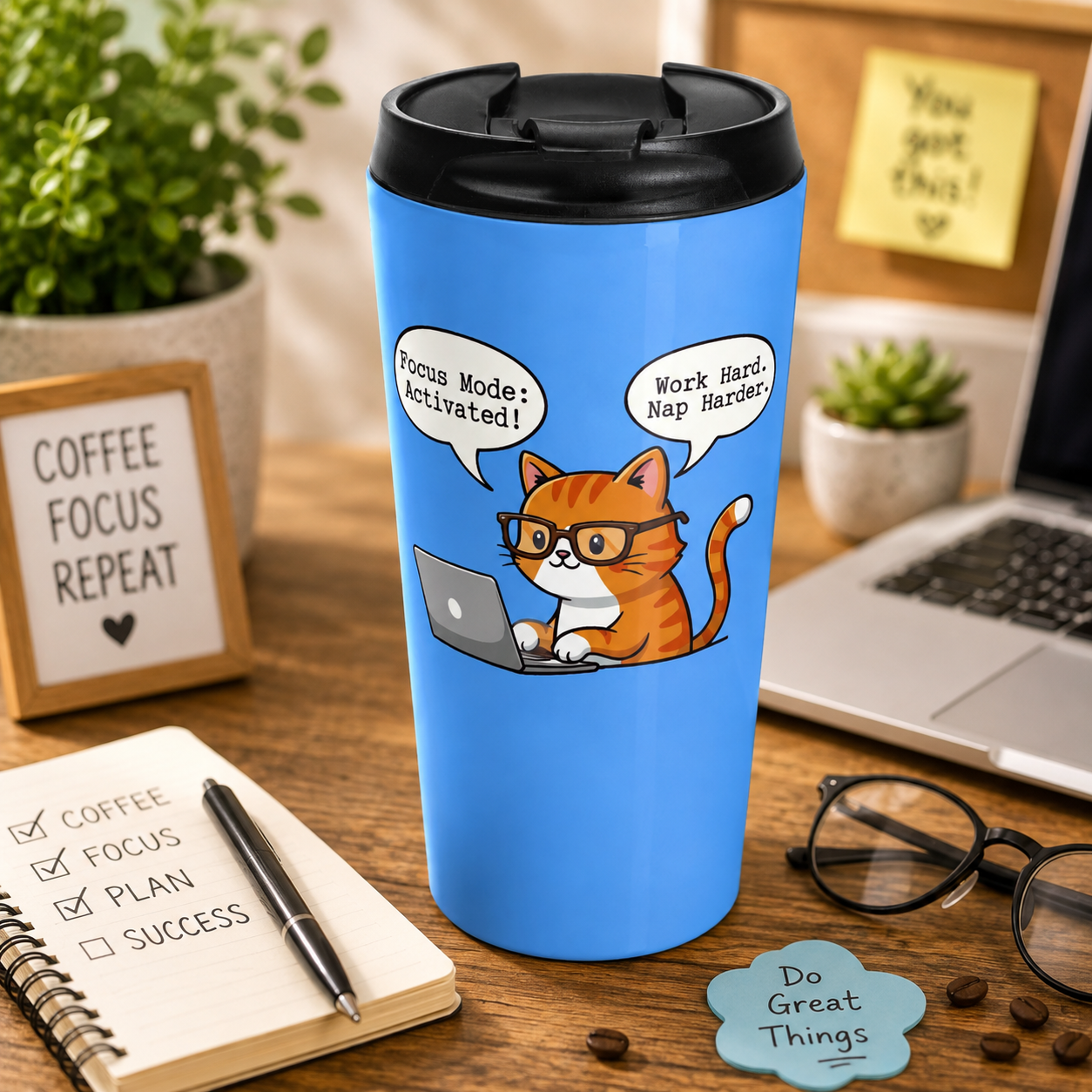 Focus Mode Activated! Funny Cat Stainless Steel Travel Mug (15oz)