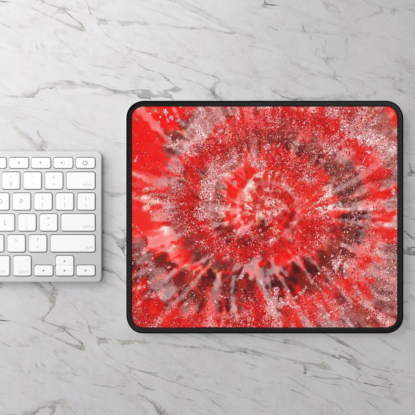 Red Tie-Dye Glitter Mouse Pad – 9x7 Neoprene Desk Mat with Sparkling Spiral Design
