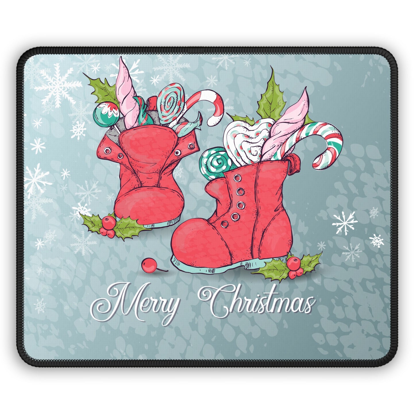 Merry Christmas Boots Mouse Pad – 9x7 Neoprene Desk Mat with Festive Candy Design