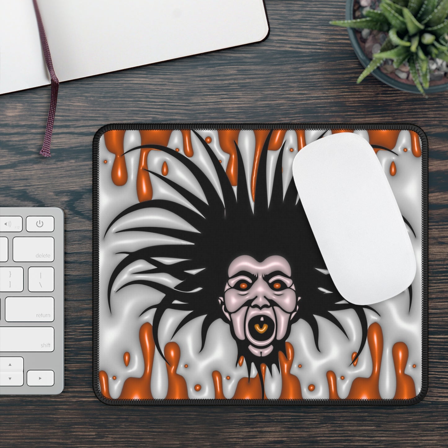 Screaming Horror Mouse Pad – 9x7 Neoprene Desk Mat with Fright Face and Orange Drip Design