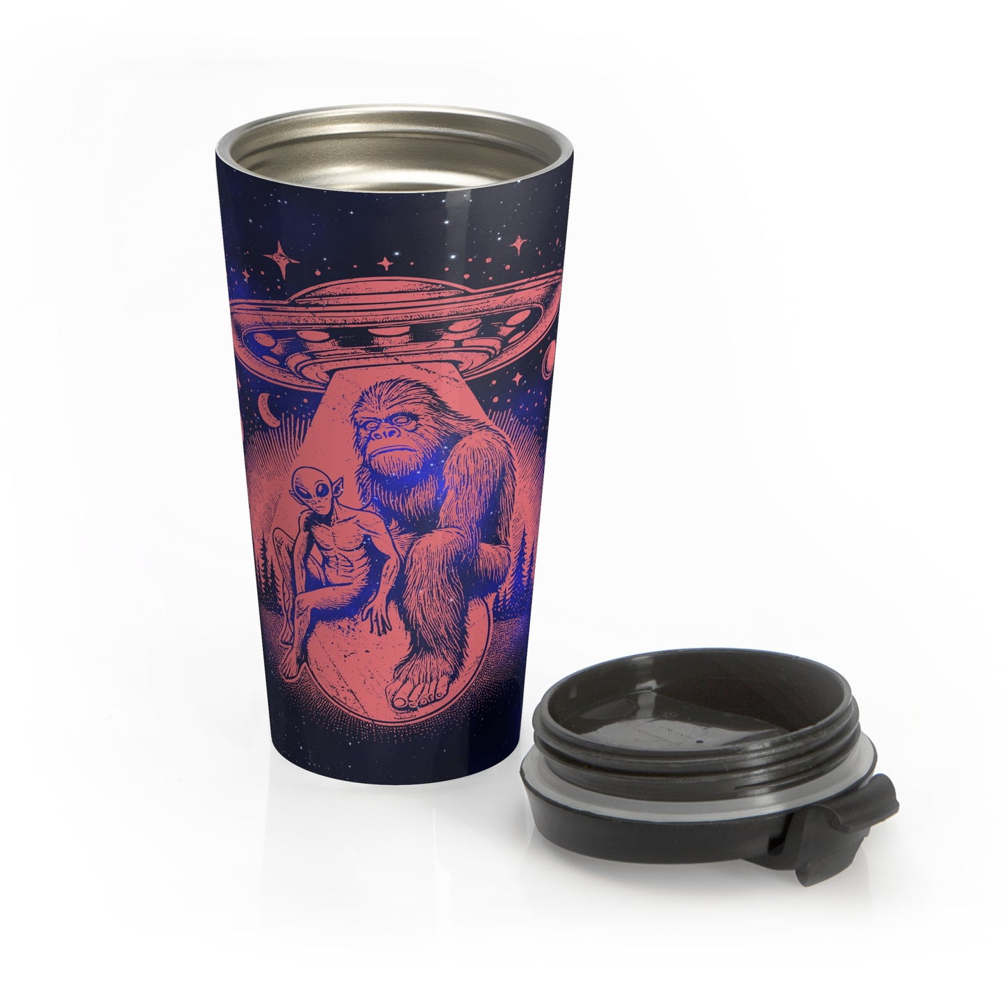 Alien and Bigfoot UFO Stainless Steel Travel Mug – 15oz