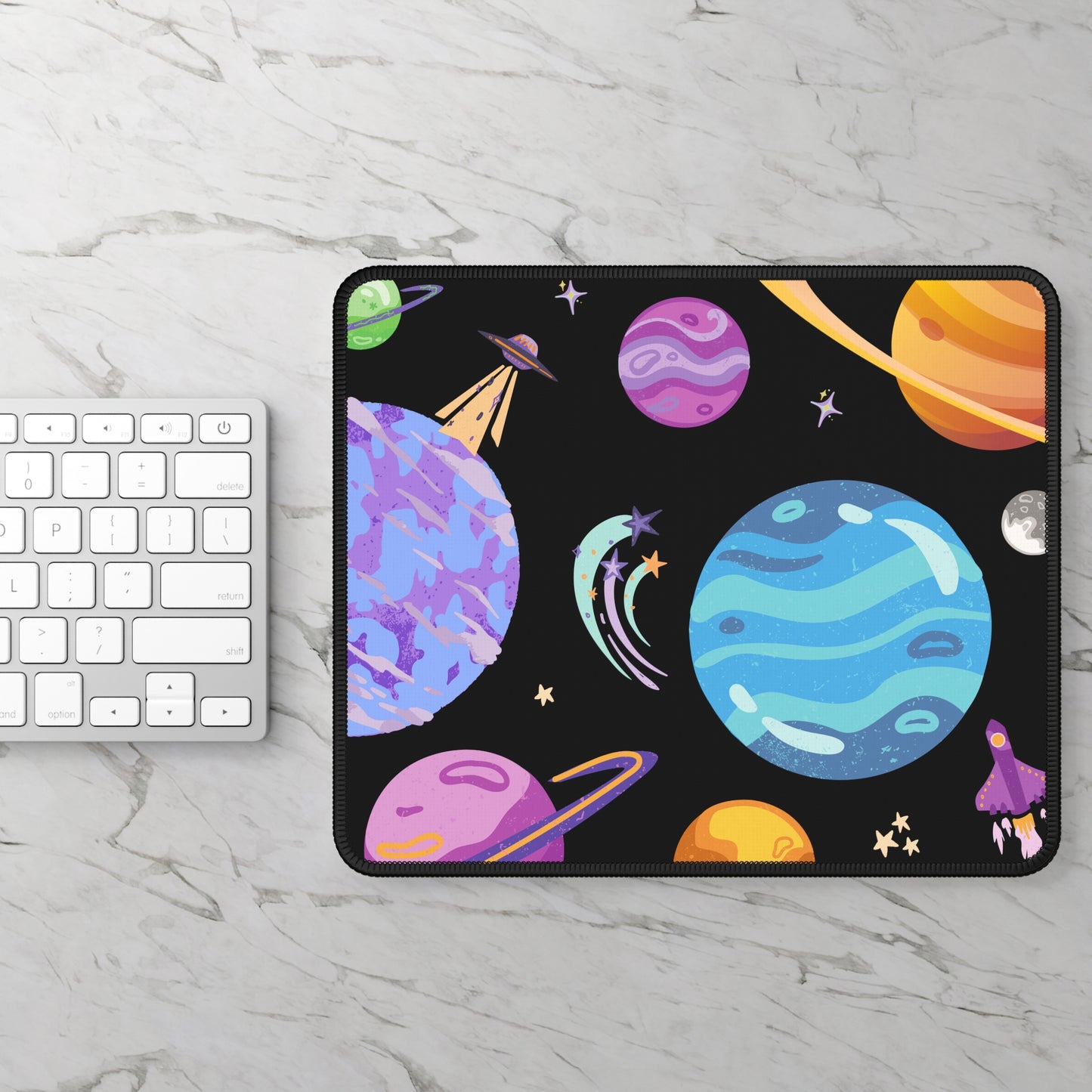 Cosmic Adventure Mouse Pad – 9x7 Neoprene Desk Mat with Colorful Planets and Space Design