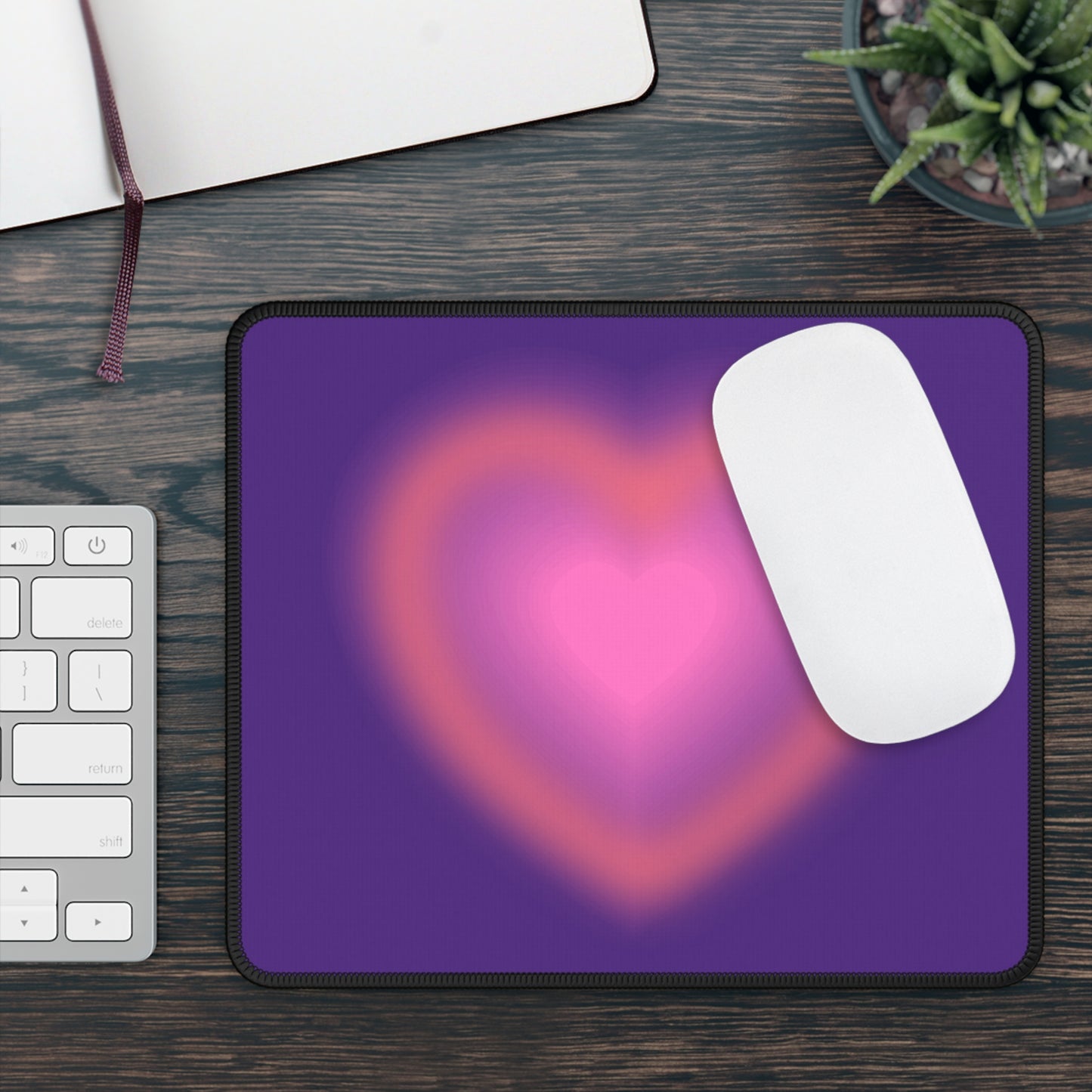 Radiant Heart Mouse Pad – 9x7 Neoprene Desk Mat with Glowing Pink and Purple Design