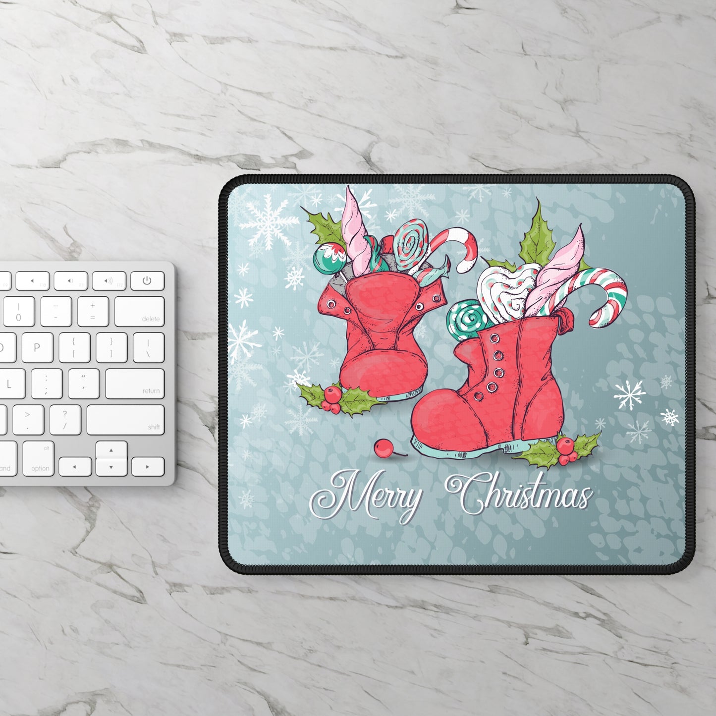Merry Christmas Boots Mouse Pad – 9x7 Neoprene Desk Mat with Festive Candy Design