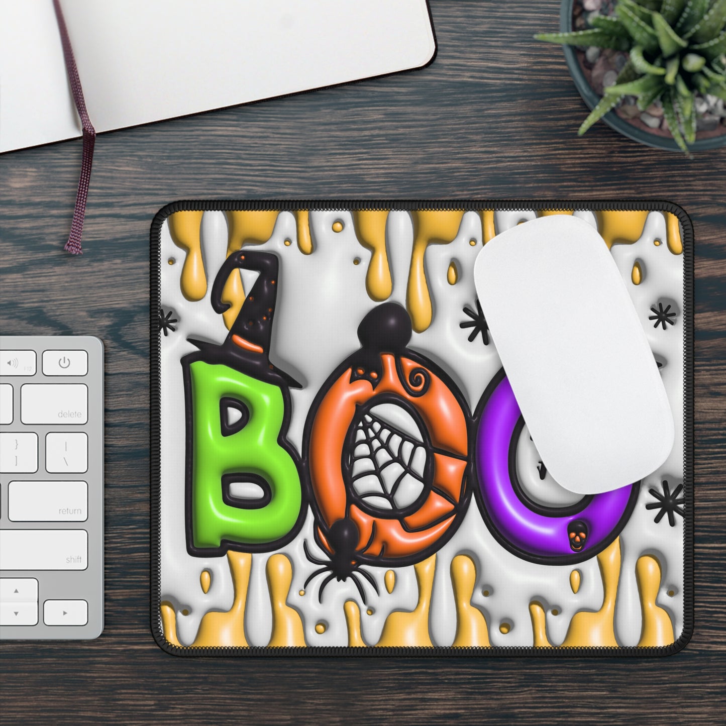 BOO Mouse Pad – 9x7 Neoprene Desk Mat with Halloween Letter Design and Spooky Drips