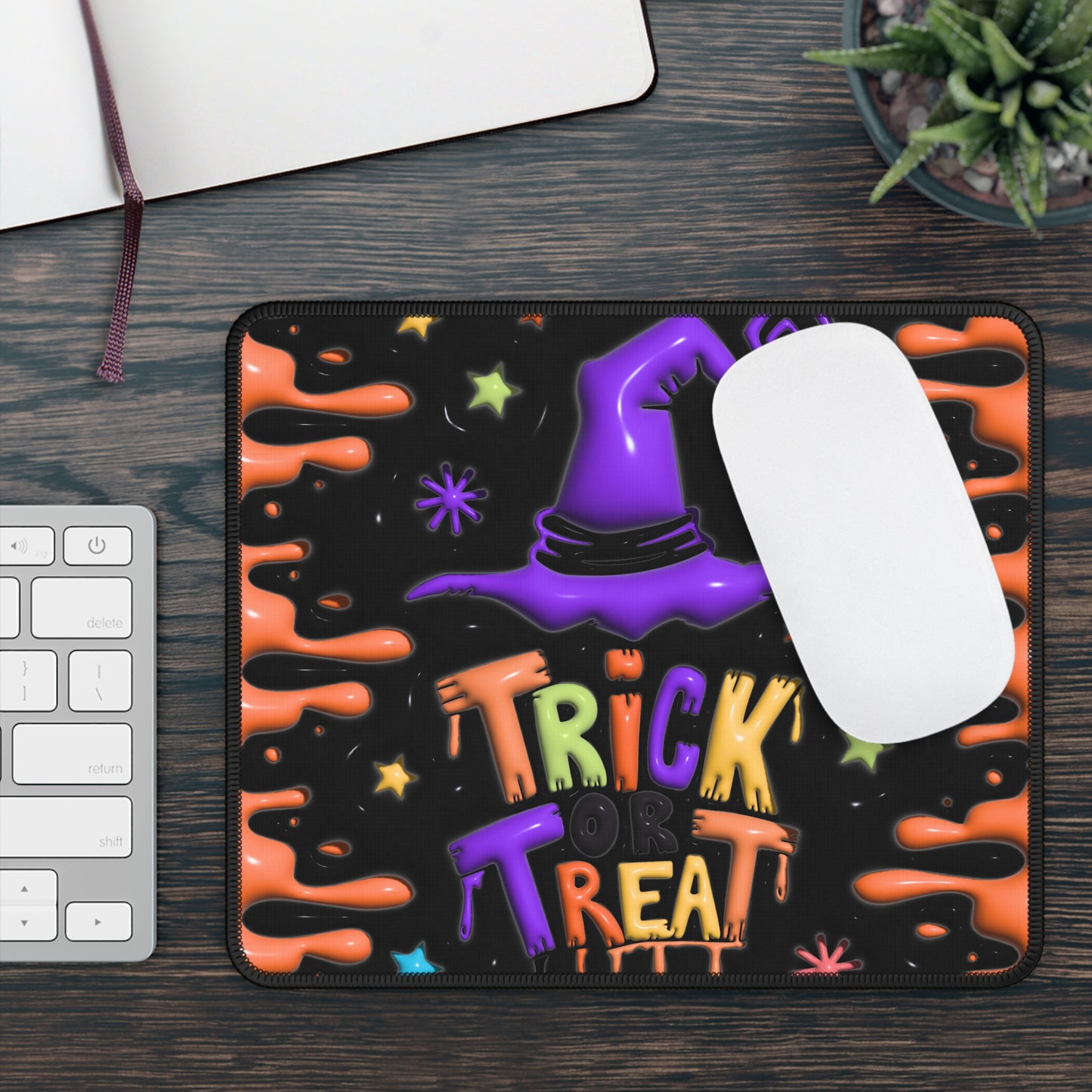 Trick or Treat Mouse Pad – 9x7 Neoprene Desk Mat with Witch Hat and Halloween Drip Design
