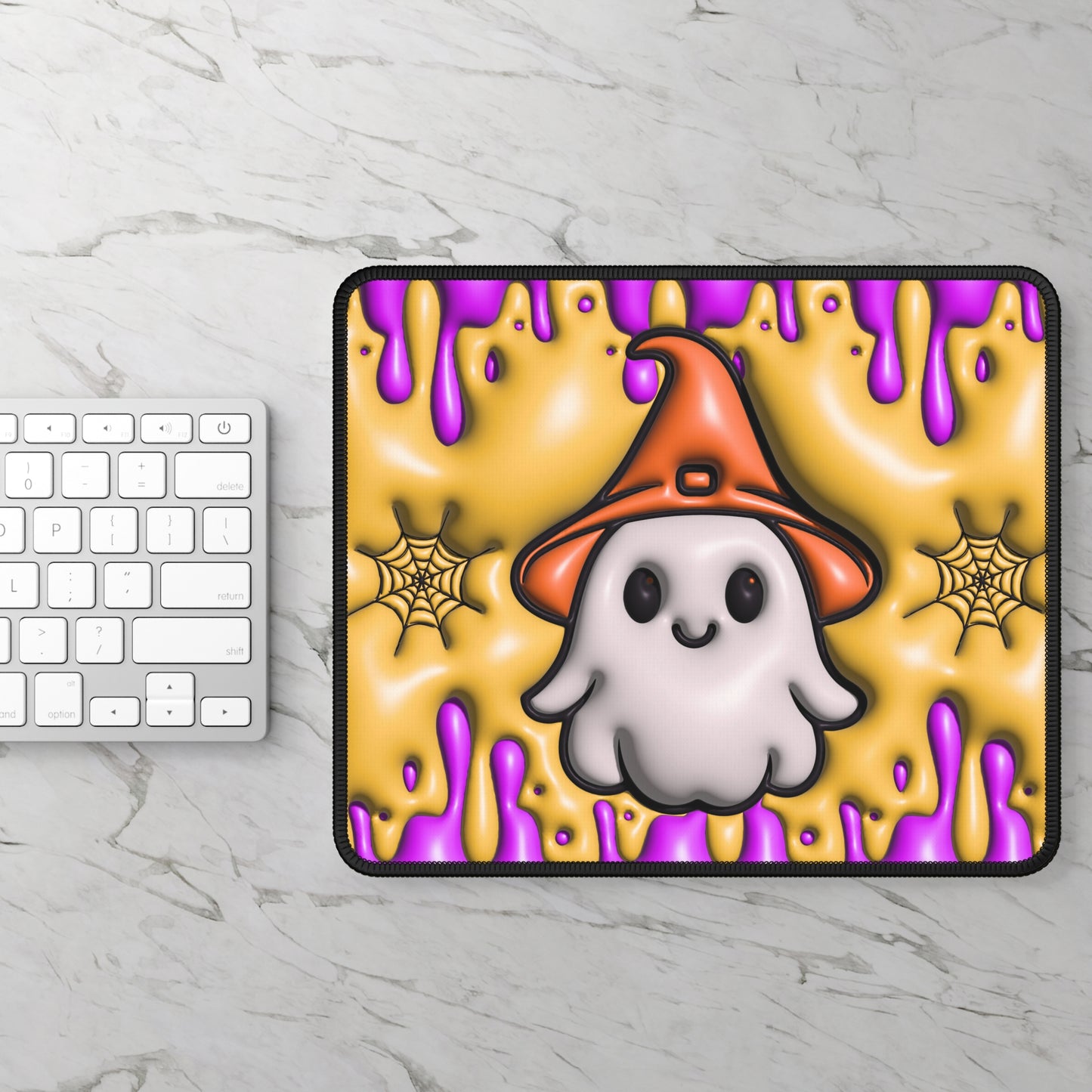Cute Ghost Witch Mouse Pad – 9x7 Neoprene Desk Mat with Halloween Drip and Spiderweb Design