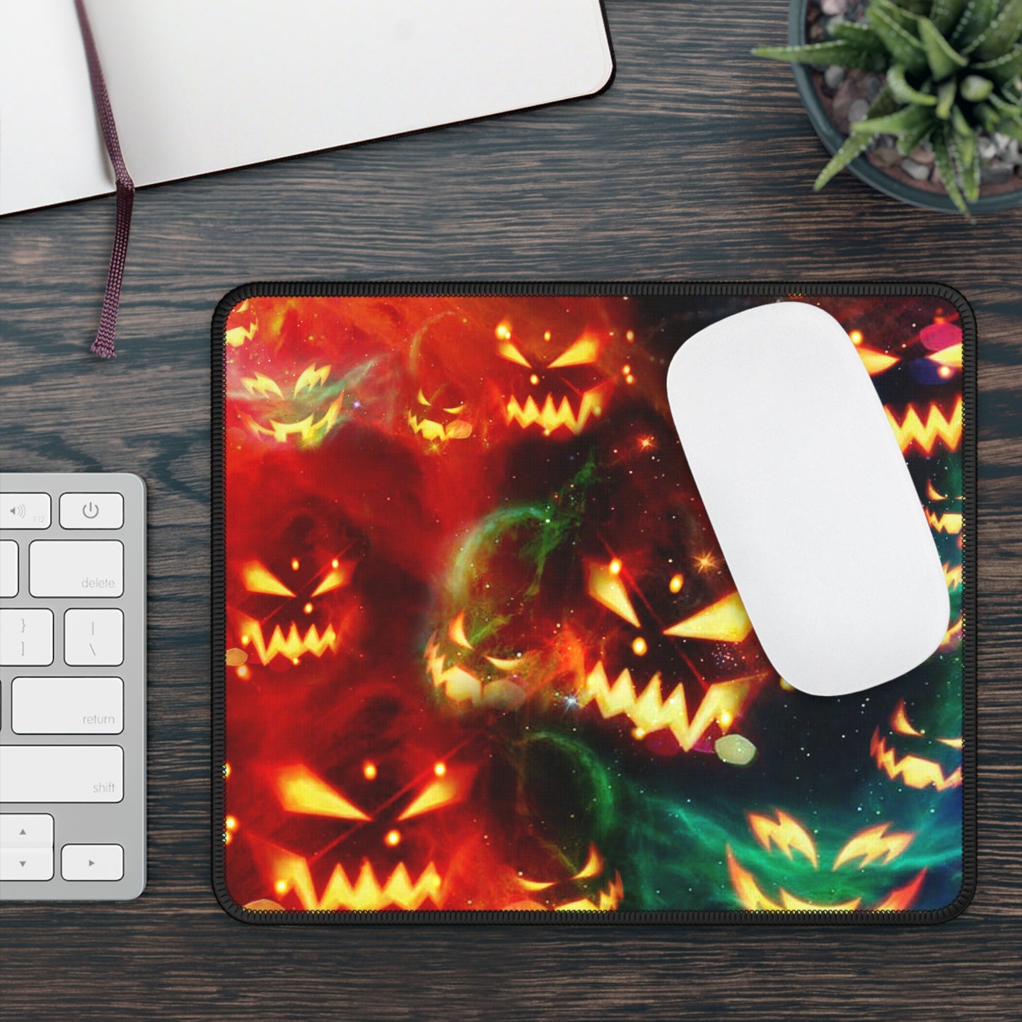 Pumpkin Galaxy Gaming and Work Mouse Pad – 9x7 Anti-Slip Neoprene Desk Mat with Fiery Halloween Design for Gamers and Creators