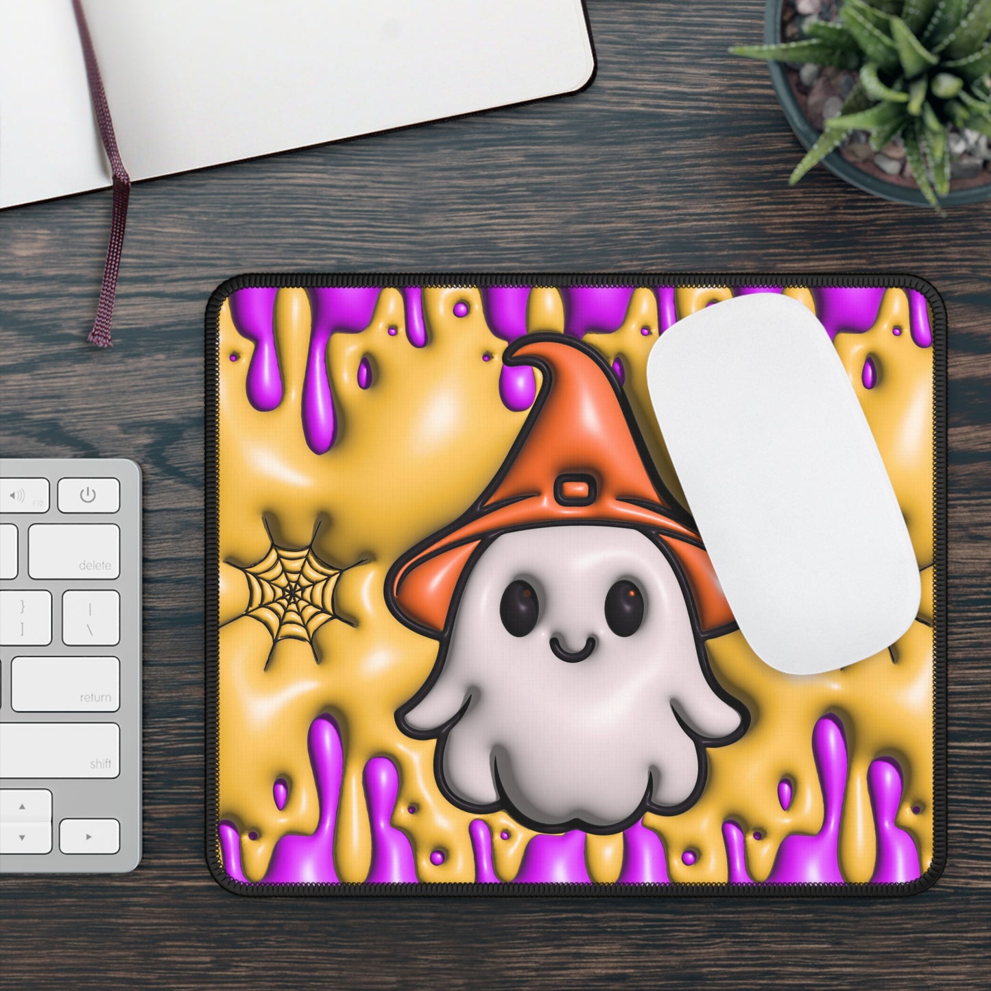 Cute Ghost Witch Mouse Pad – 9x7 Neoprene Desk Mat with Halloween Drip and Spiderweb Design