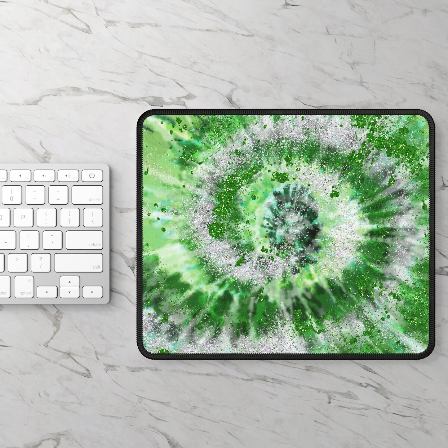 Green Tie-Dye Glitter Mouse Pad – 9x7 Neoprene Desk Mat with Spiral Design