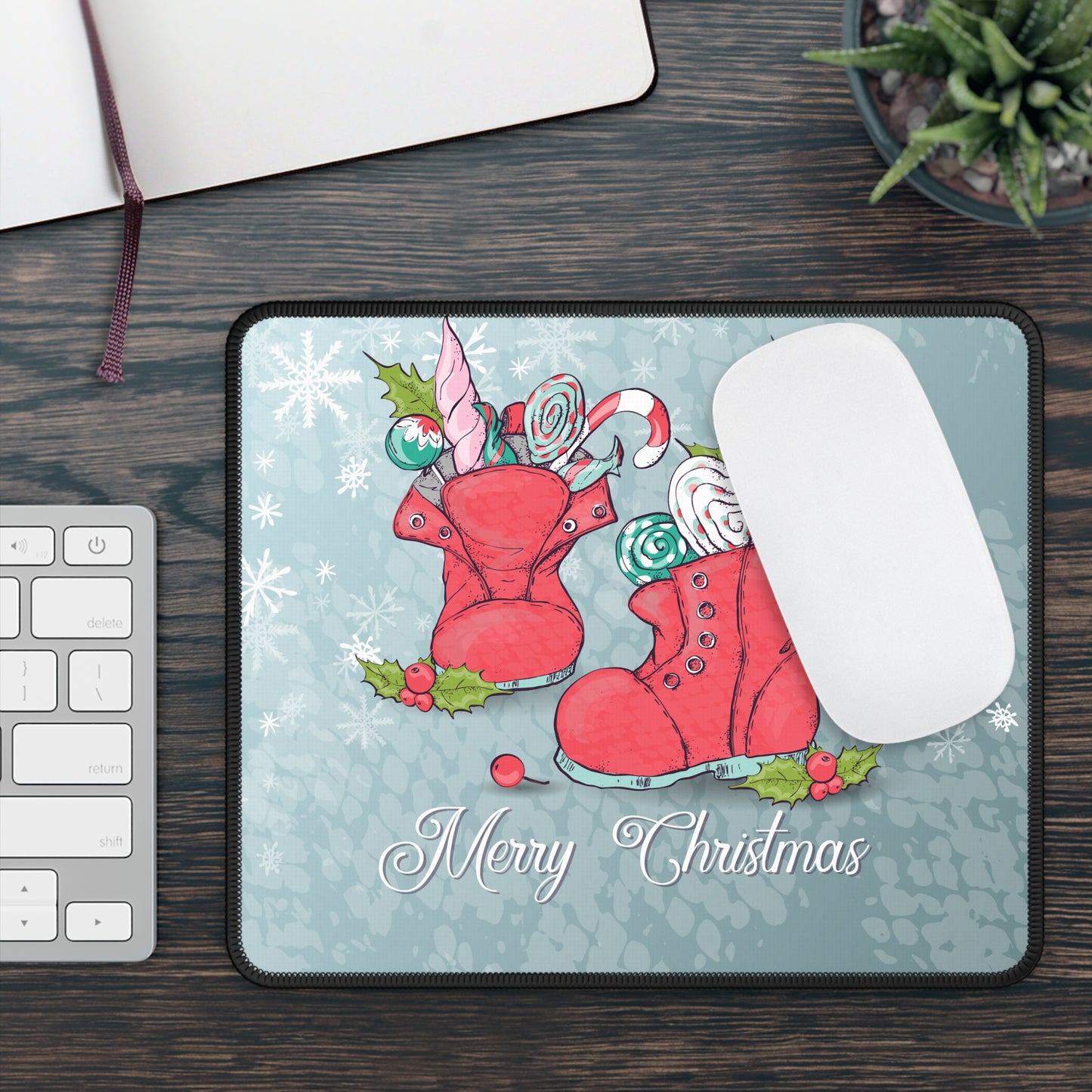 Merry Christmas Boots Mouse Pad – 9x7 Neoprene Desk Mat with Festive Candy Design