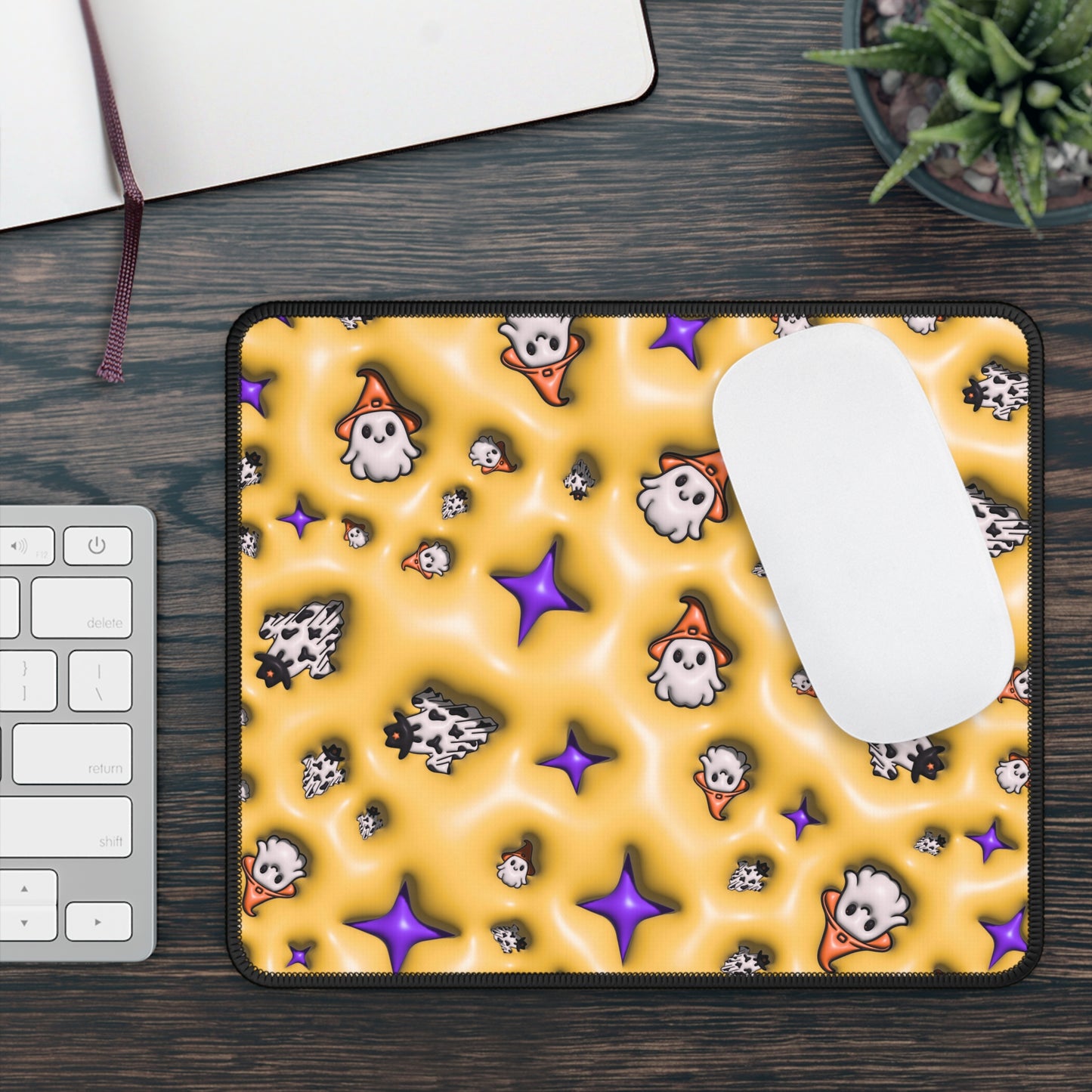 Spooky Ghost Party Mouse Pad – 9x7 Neoprene Desk Mat with Cute Ghosts and Halloween Stars
