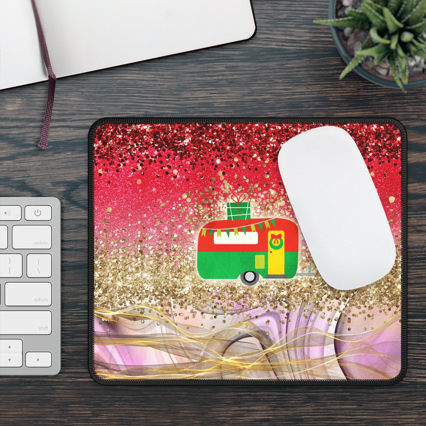 Christmas Camper Mouse Pad – 9x7 Neoprene Desk Mat with Red and Gold Glitter Design
