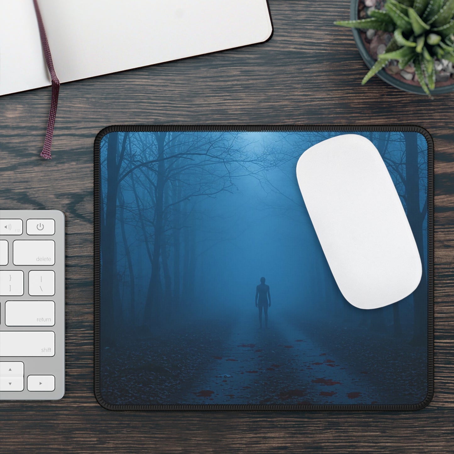 Midnight Stalker Mouse Pad – 9x7 Neoprene Desk Mat with Creepy Forest and Blue Mist Design