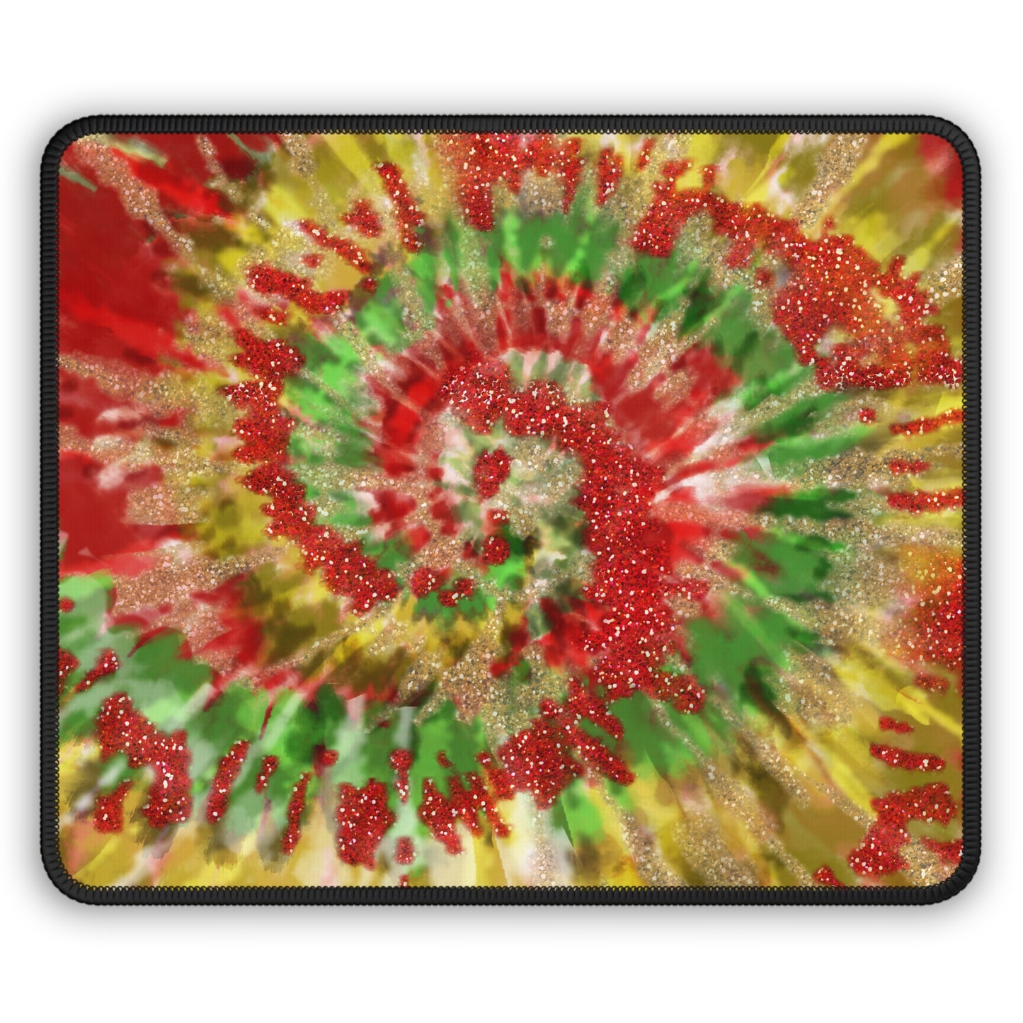 Golden Christmas Tie-Dye Mouse Pad – 9x7 Neoprene Desk Mat with Red, Green, and Gold Spiral Design