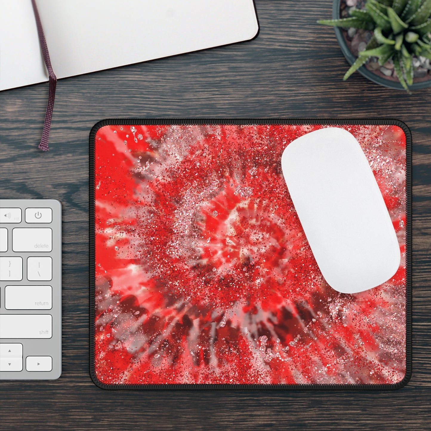 Red Tie-Dye Glitter Mouse Pad – 9x7 Neoprene Desk Mat with Sparkling Spiral Design
