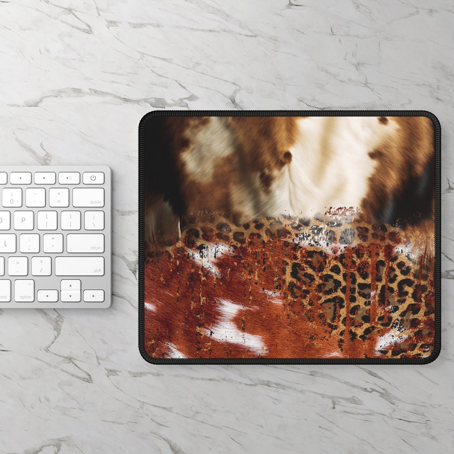 Wild Terrain Mouse Pad – 9x7 Neoprene Desk Mat with Cowhide and Leopard Print Fusion Design